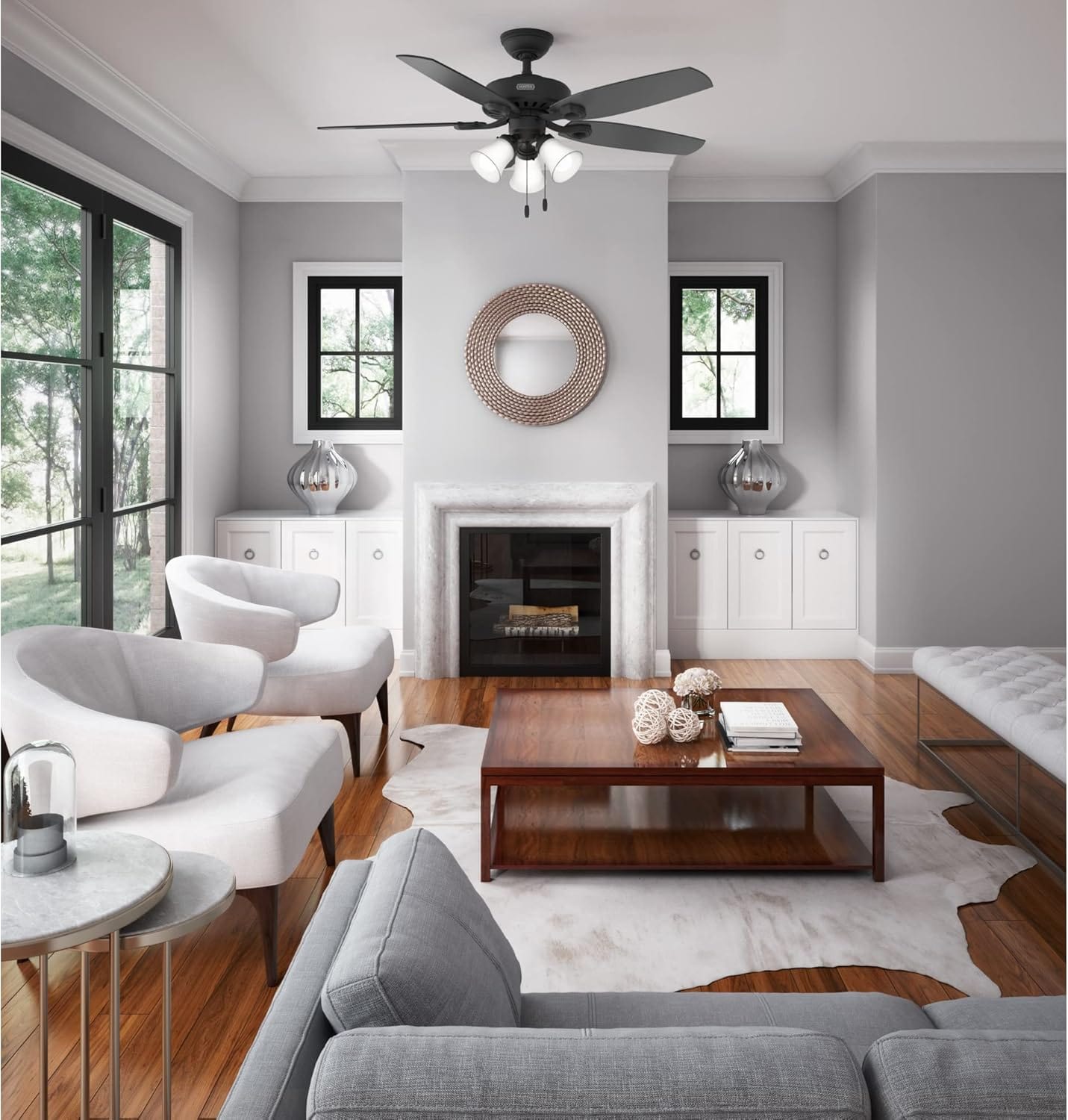 Hunter Fans 52" Builder Plus Traditional Style Ceiling Fan, Three LED Lights, Pull Chain Control, Matte Black