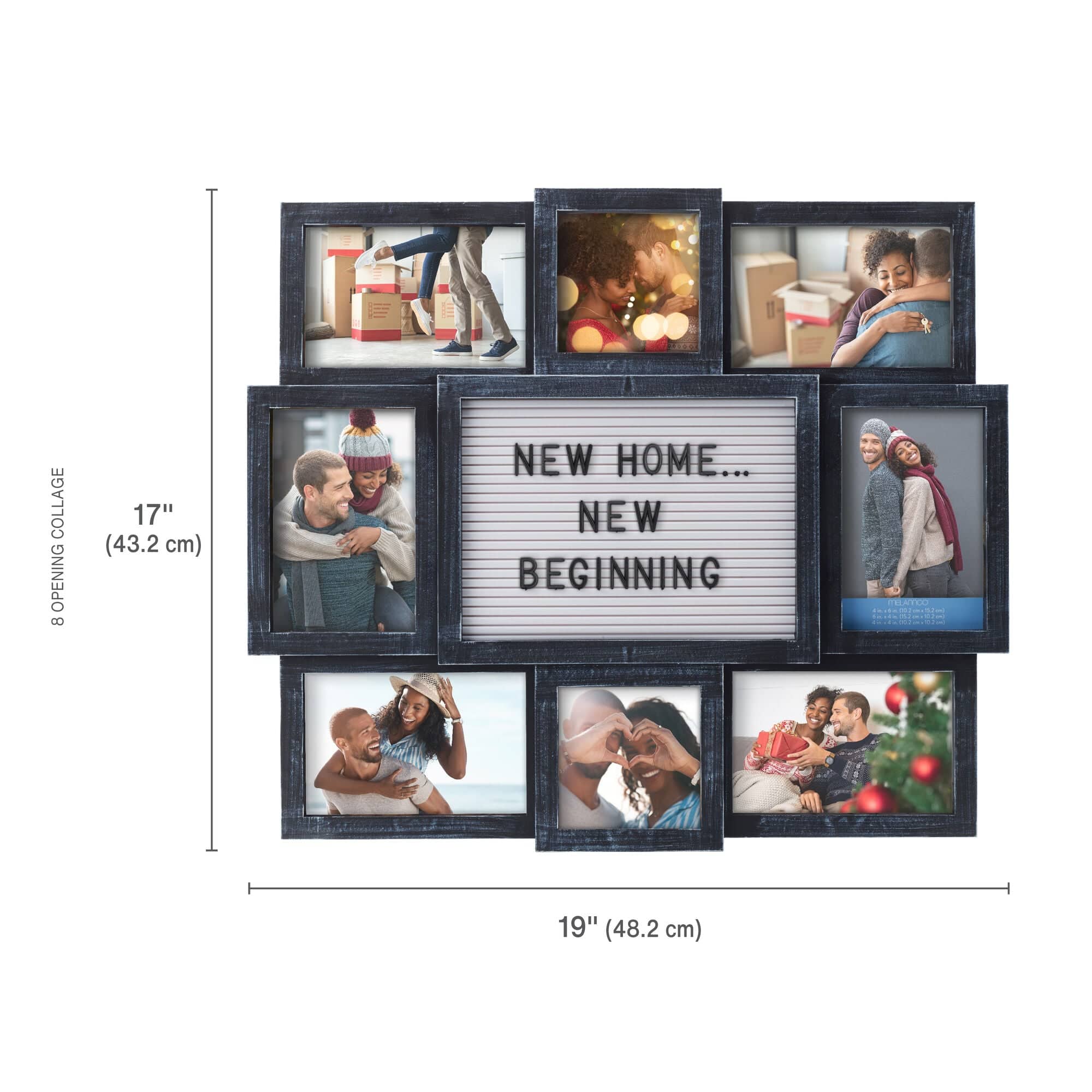 Melannco Customizable Letterboard 8-Opening Photo Collage, 19 x 17 inch,Distressed Black