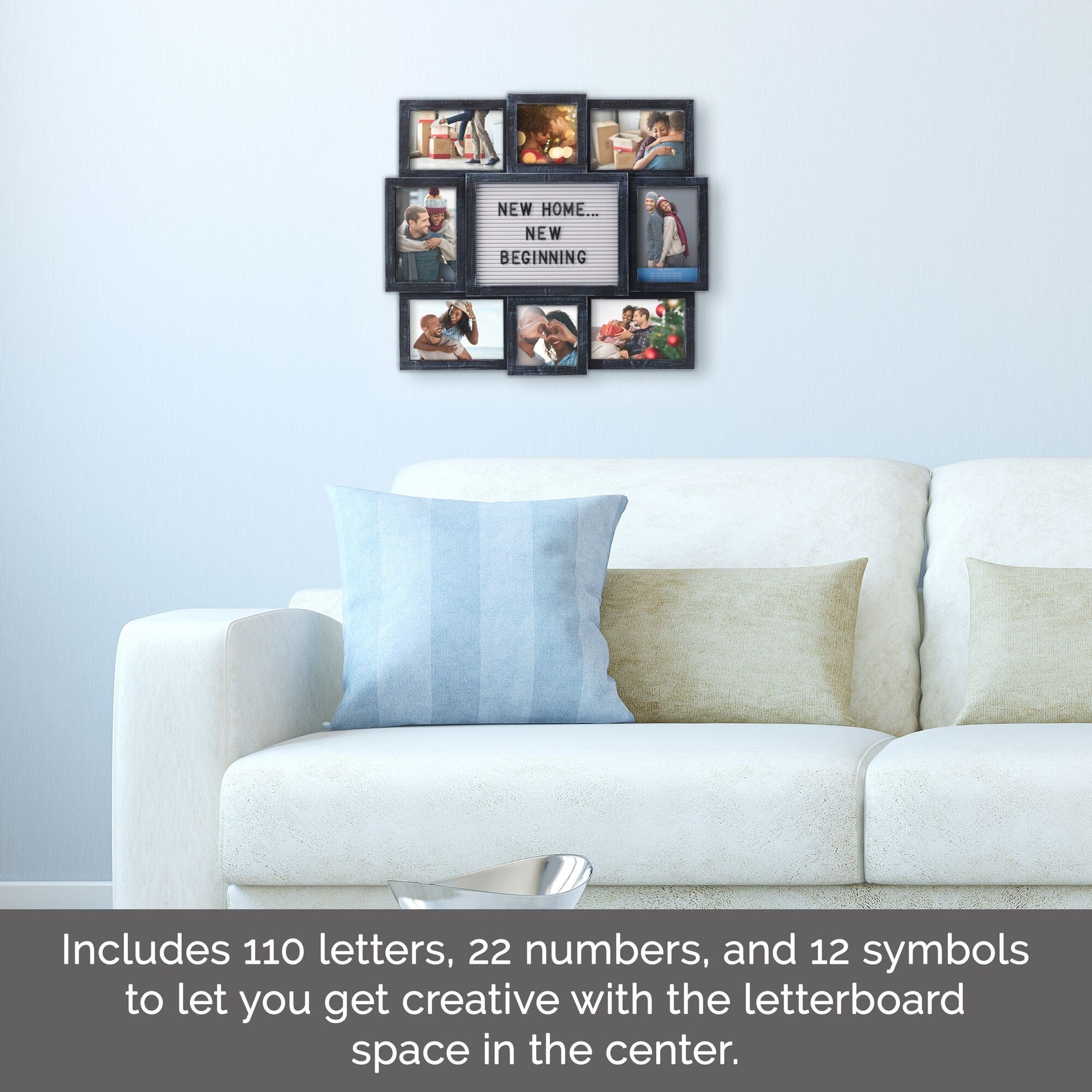 Melannco Customizable Letterboard 8-Opening Photo Collage, 19 x 17 inch,Distressed Black