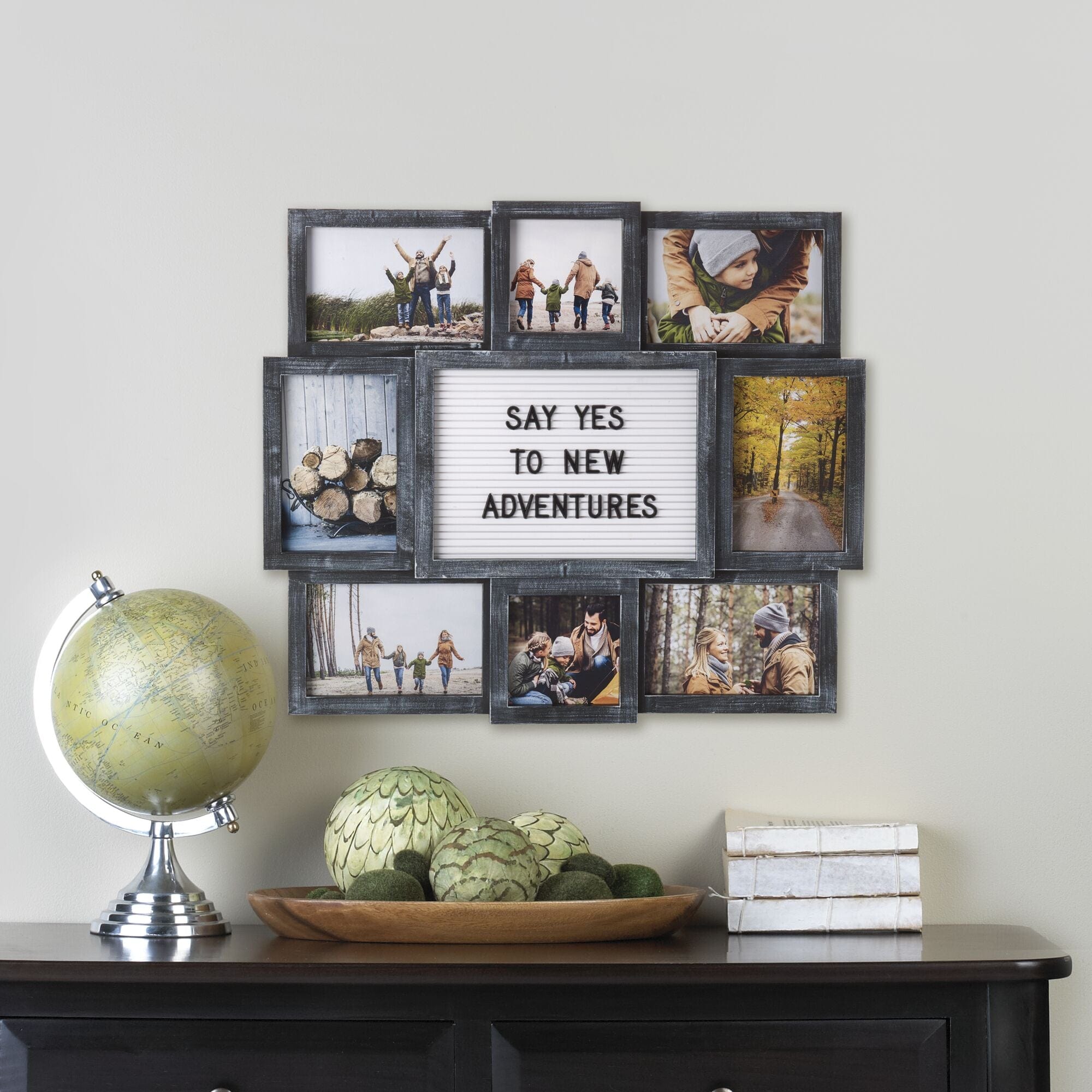 Melannco Customizable Letterboard 8-Opening Photo Collage, 19 x 17 inch,Distressed Black