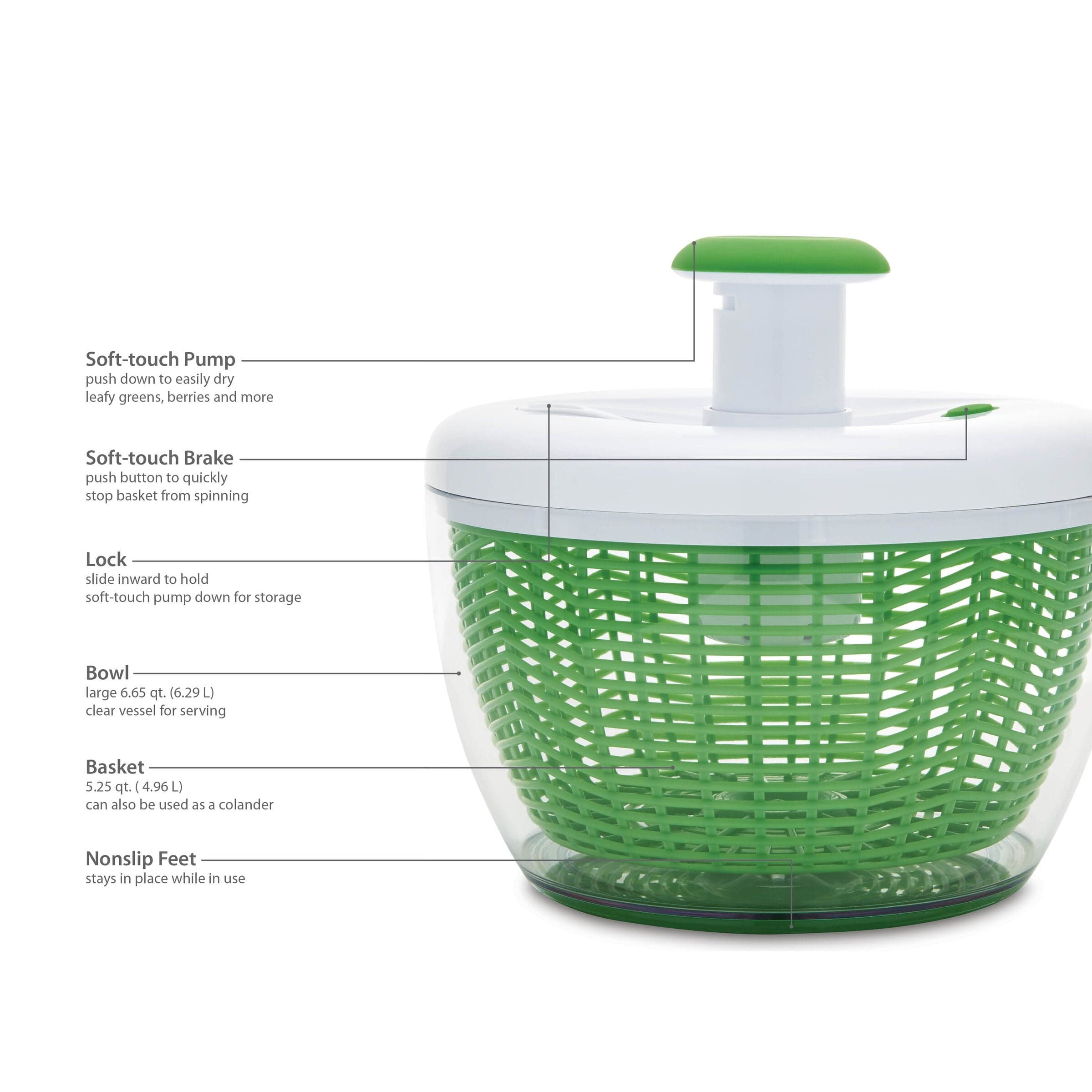 Farberware Pro Pump Salad Spinner with bowl, colander + built in draining system, Large 6.6 quart, Green