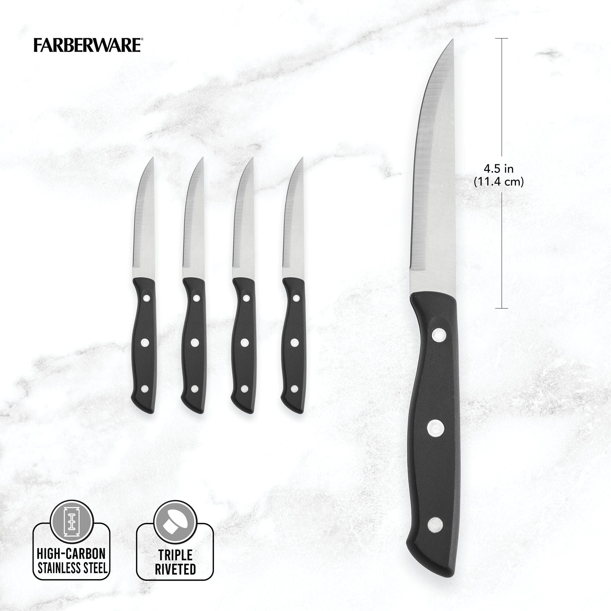 Farberware Triple-Riveted 4-Piece Steak Knife Set, High-Carbon Stainless Steel, Razor-Sharp Knives, Kitchen Knives, Set of 4, Black