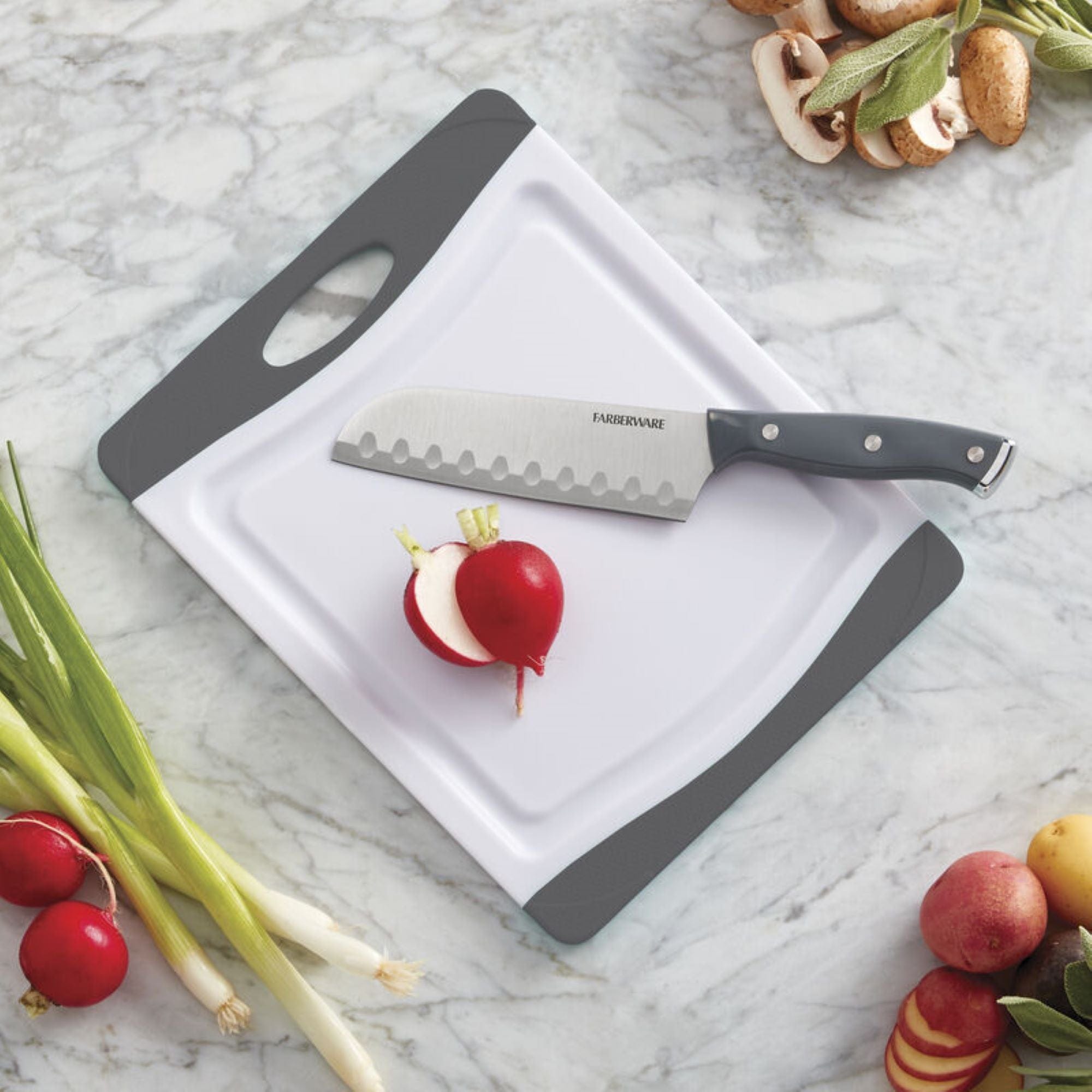 Farberware Plastic Cutting Board with Perimeter Juice Groove and Nonslip Edges, Dishwasher-Safe Kitchen Chopping Board with Easy-Grip Handle, 8x10-Inch, Gray and White