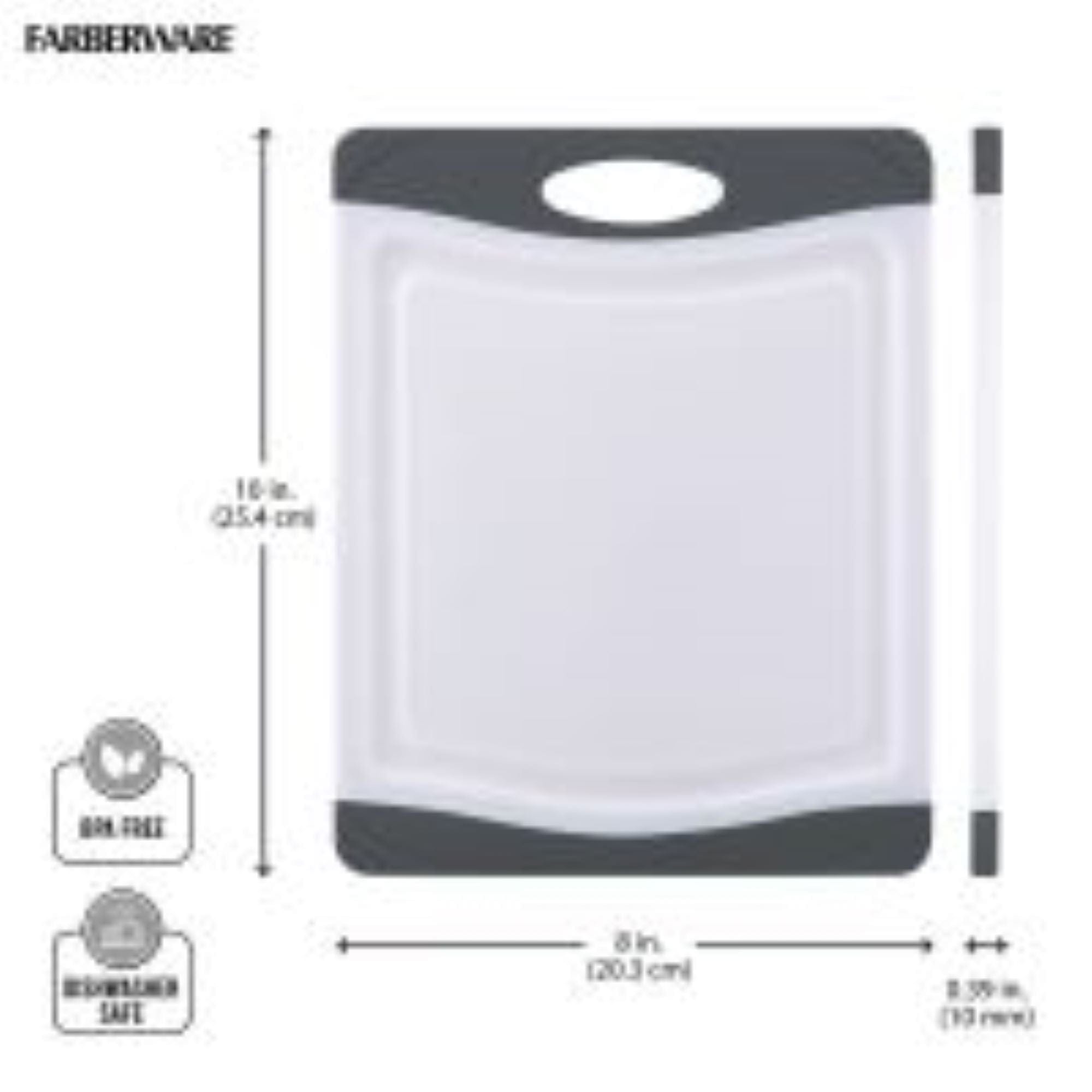 Farberware Plastic Cutting Board with Perimeter Juice Groove and Nonslip Edges, Dishwasher-Safe Kitchen Chopping Board with Easy-Grip Handle, 8x10-Inch, Gray and White