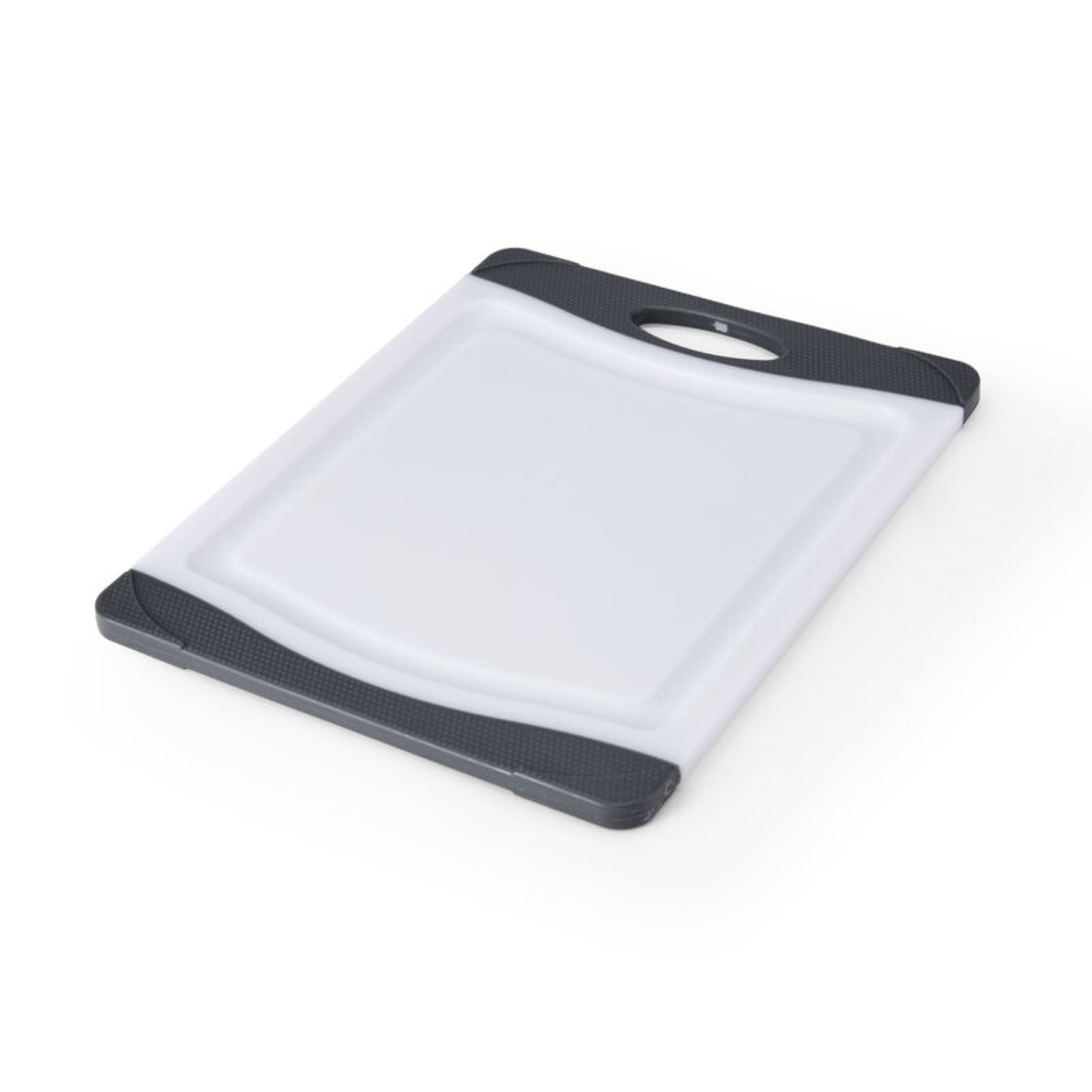 Farberware Plastic Cutting Board with Perimeter Juice Groove and Nonslip Edges, Dishwasher-Safe Kitchen Chopping Board with Easy-Grip Handle, 8x10-Inch, Gray and White