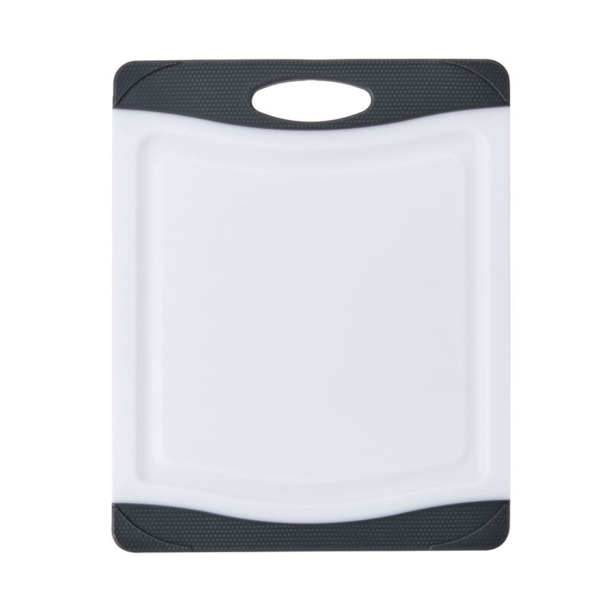 Farberware Plastic Cutting Board with Perimeter Juice Groove and Nonslip Edges, Dishwasher-Safe Kitchen Chopping Board with Easy-Grip Handle, 8x10-Inch, Gray and White