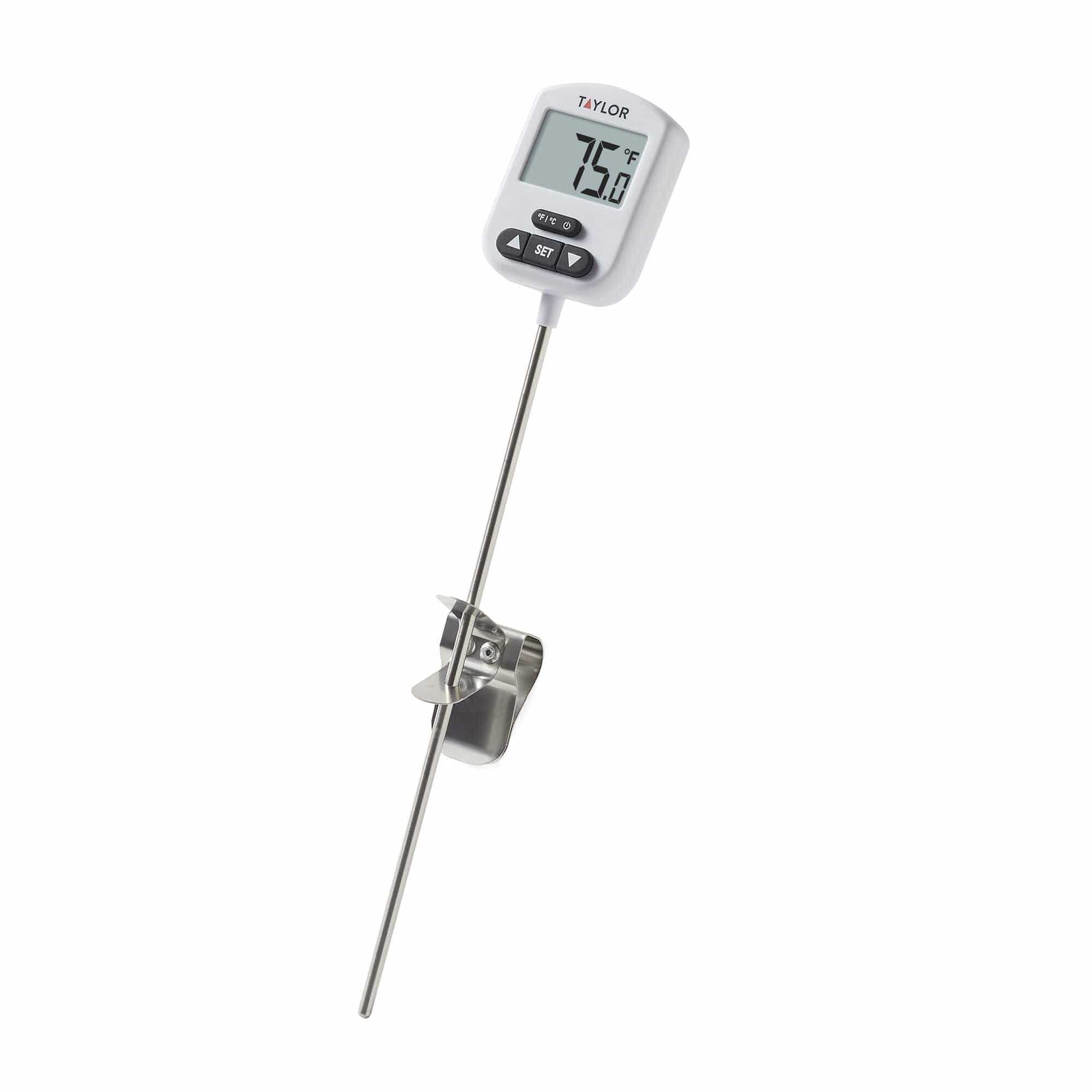 Taylor Programmable Digital Candy + Deep Fry Thermometer with Green Light Alert, Long Stem, Pan Clip, White