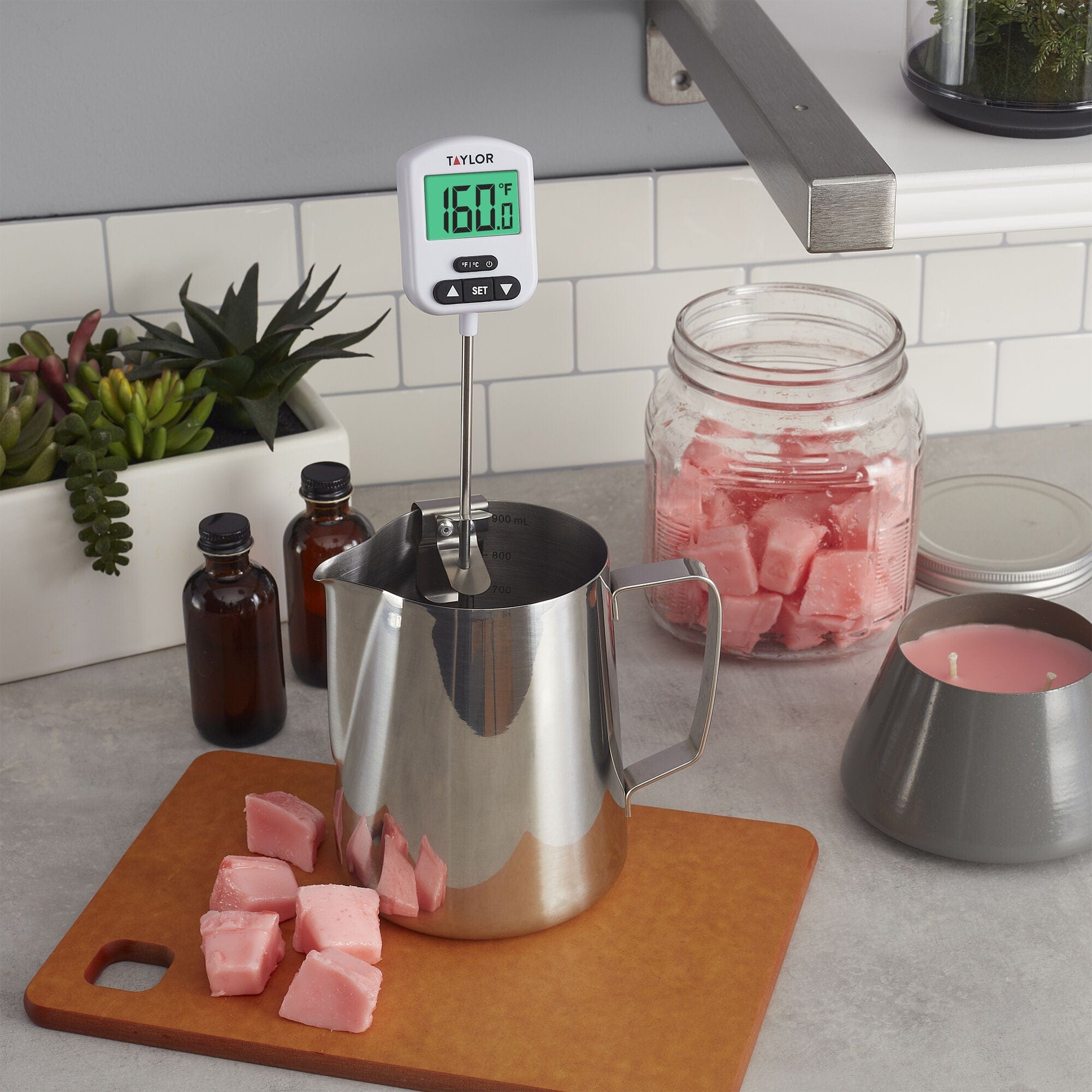 Taylor Programmable Digital Candy + Deep Fry Thermometer with Green Light Alert, Long Stem, Pan Clip, White