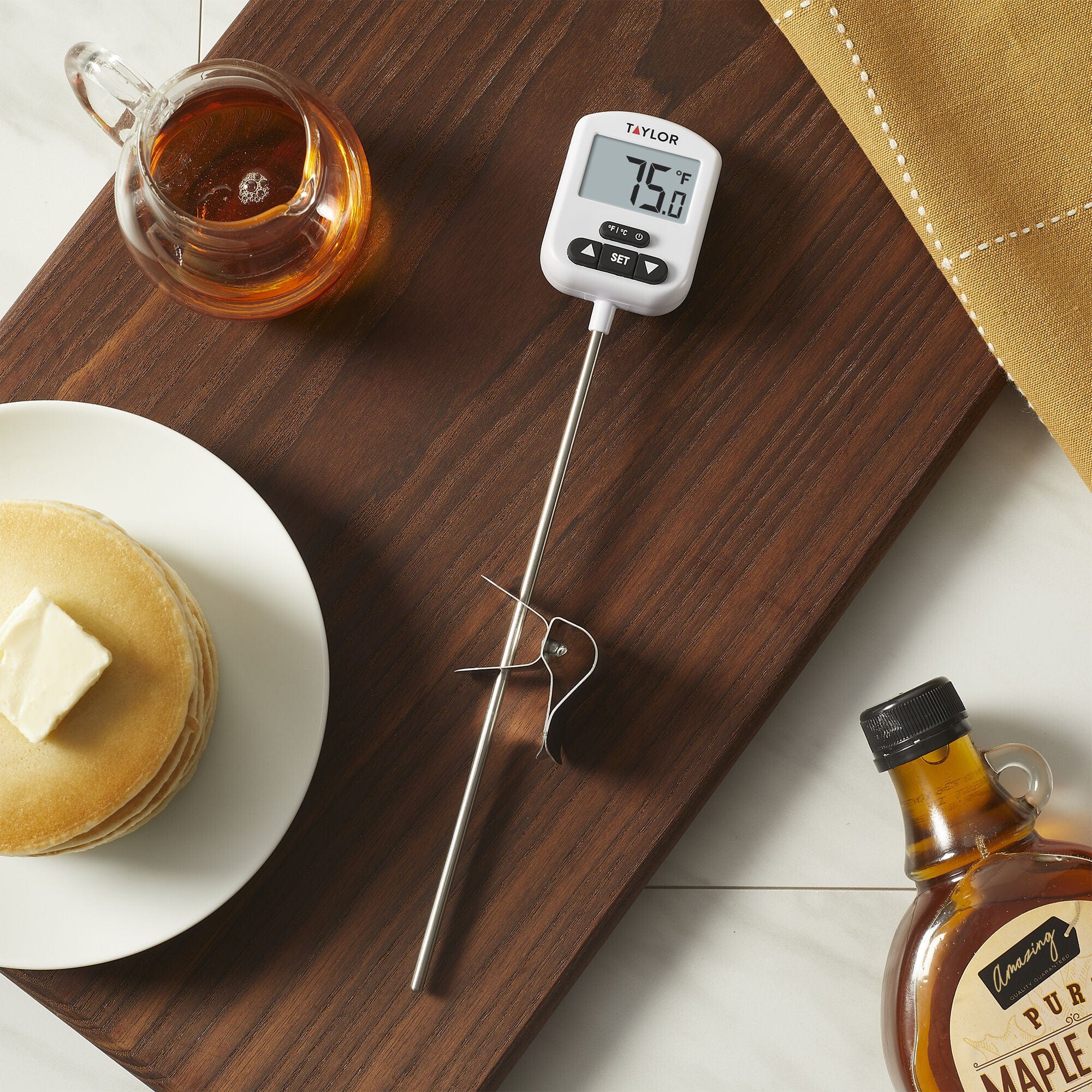 Taylor Programmable Digital Candy + Deep Fry Thermometer with Green Light Alert, Long Stem, Pan Clip, White