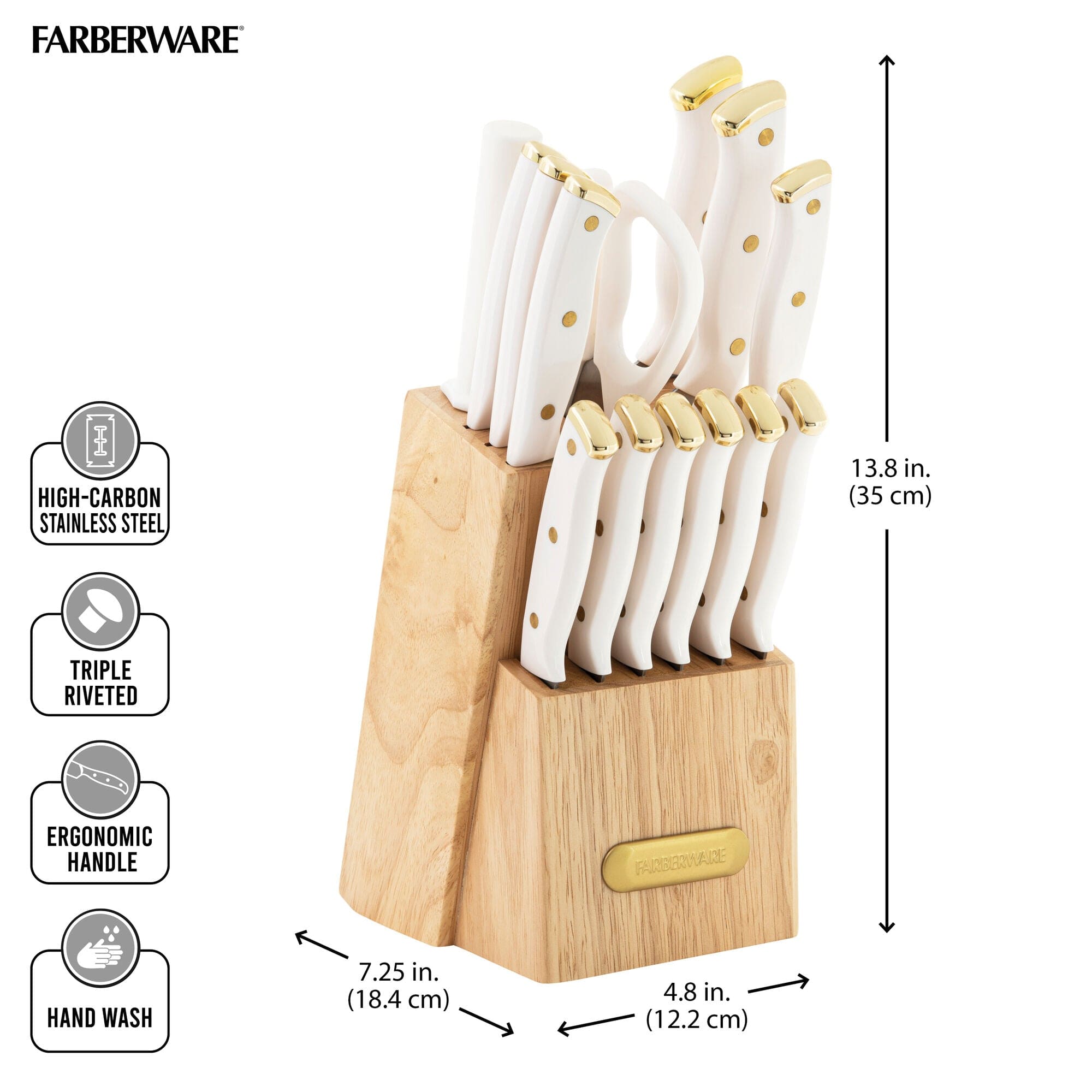 Farberware 15-Piece Triple Riveted Knife Block Set, High Carbon-Stainless Steel Kitchen Knives, Razor-Sharp Knife Set with Wood Block, White and Gold