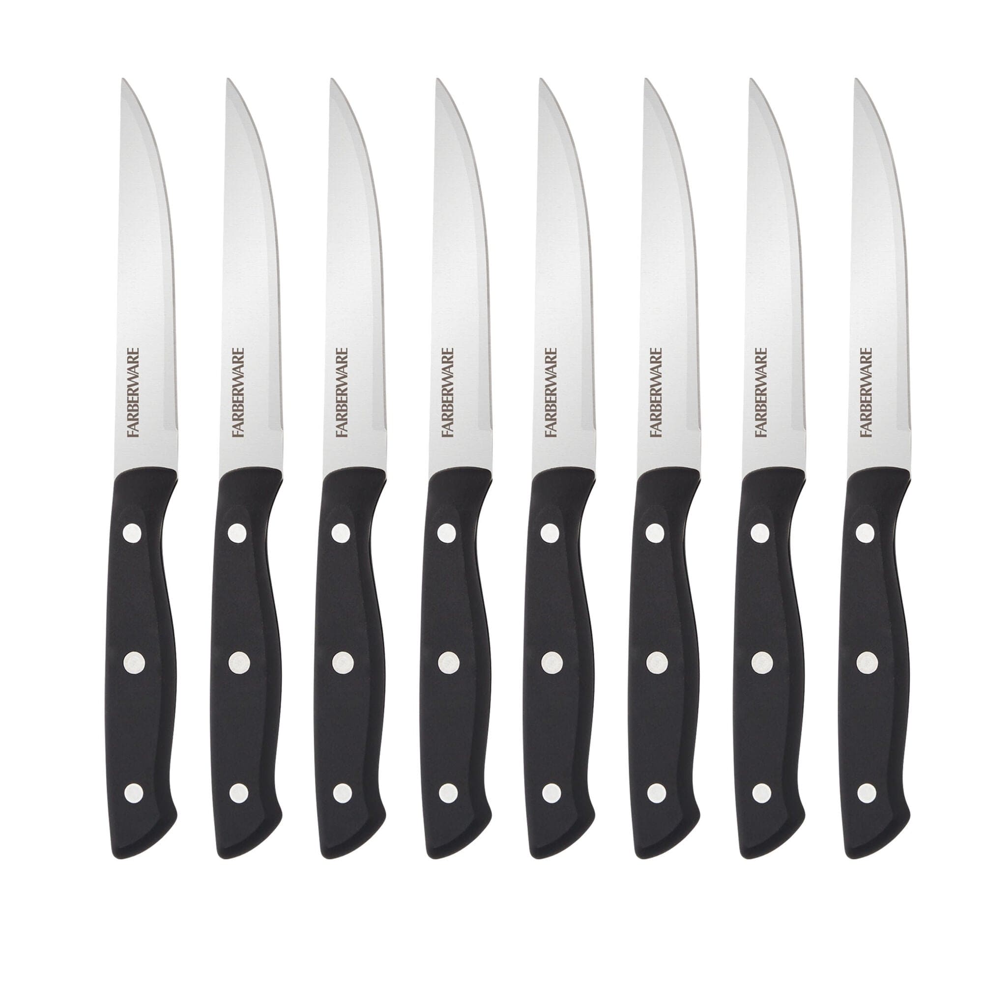 Farberware Full-Tang Triple-Riveted 8-Piece Steak Knife Set, High-Carbon Stainless Steel, Ergonomic Handles, Black