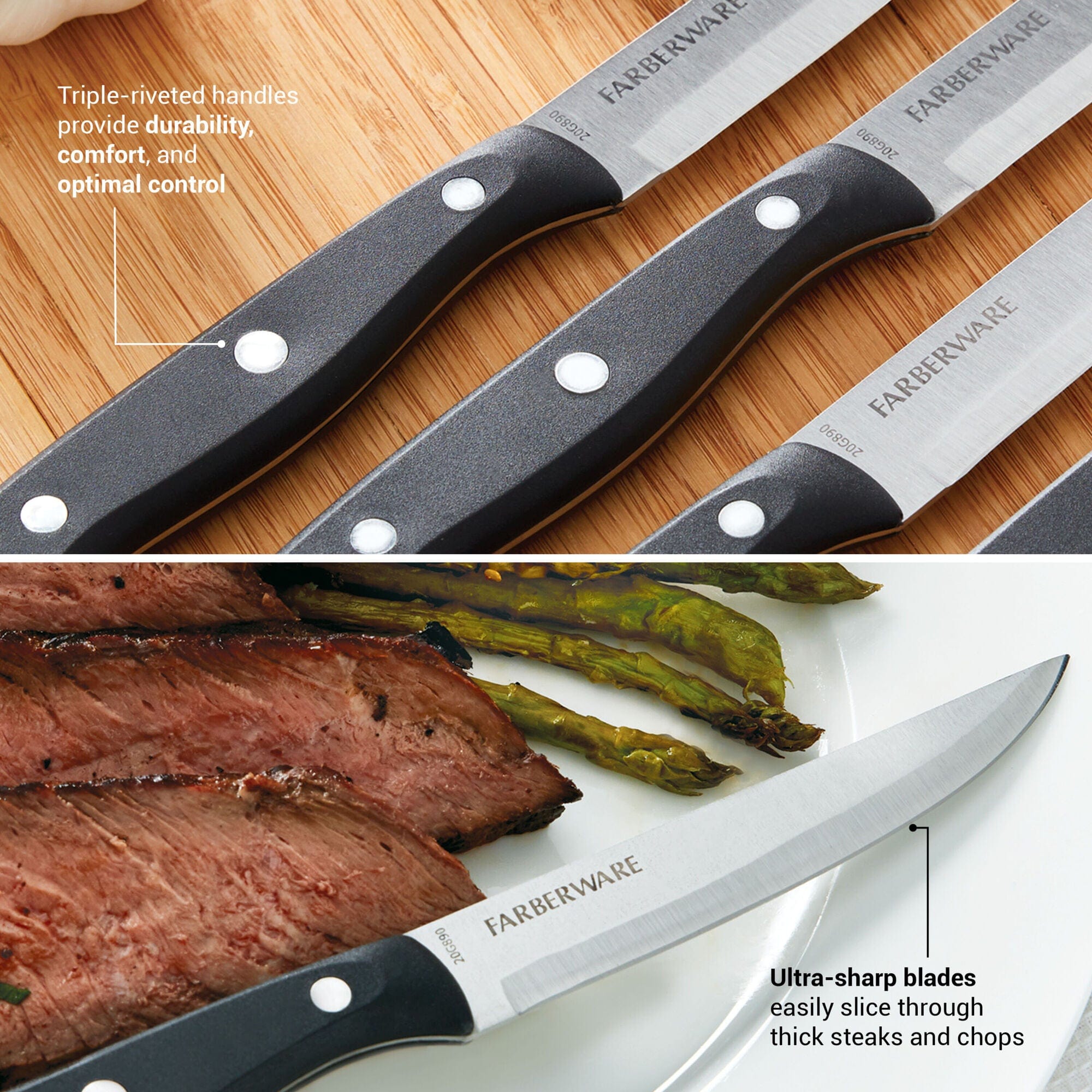 Farberware Full-Tang Triple-Riveted 8-Piece Steak Knife Set, High-Carbon Stainless Steel, Ergonomic Handles, Black