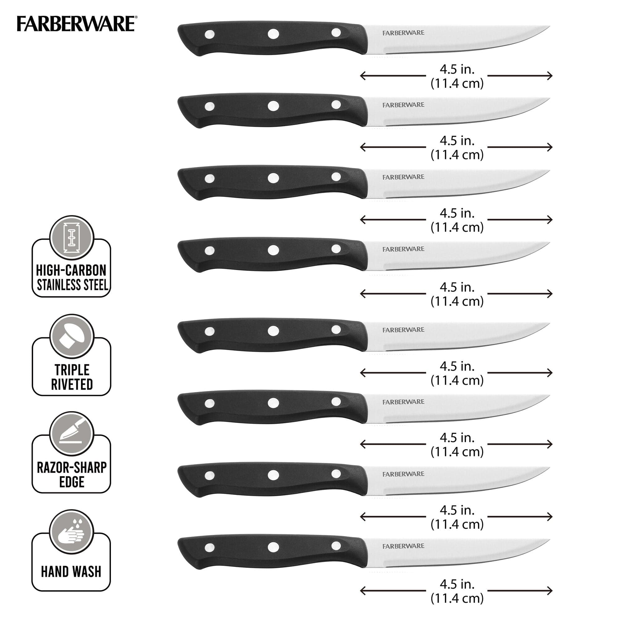 Farberware Full-Tang Triple-Riveted 8-Piece Steak Knife Set, High-Carbon Stainless Steel, Ergonomic Handles, Black