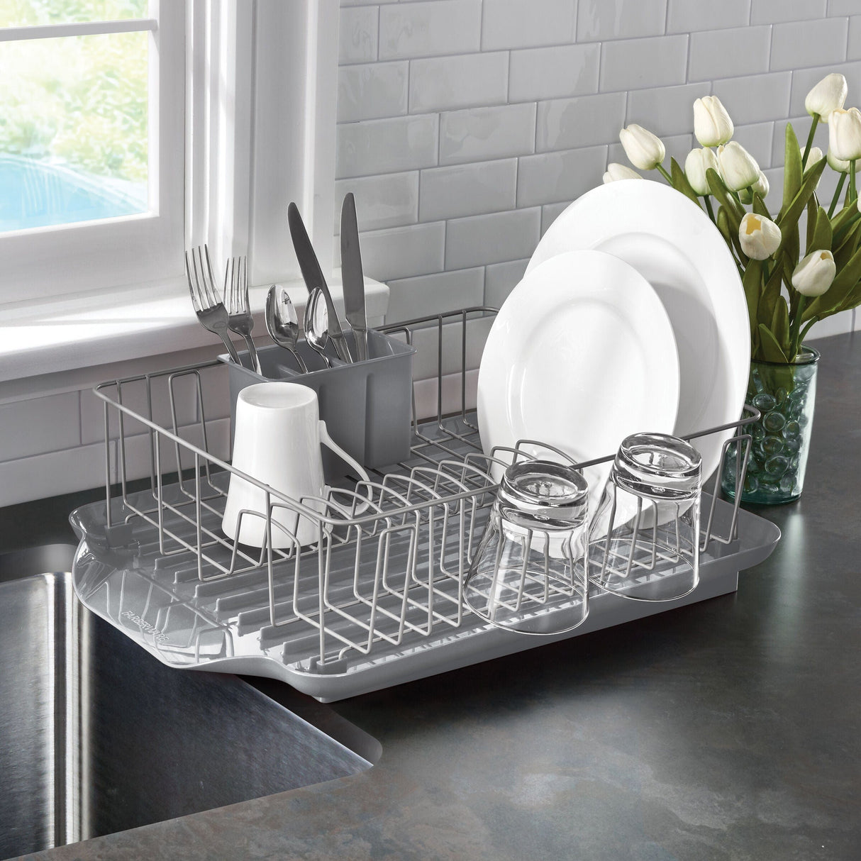 Farberware Classic Large Rust Resistant Full Dishrack with Removable 3 Compartment Flatware Caddy, Drain Board, 3-Piece, Gray