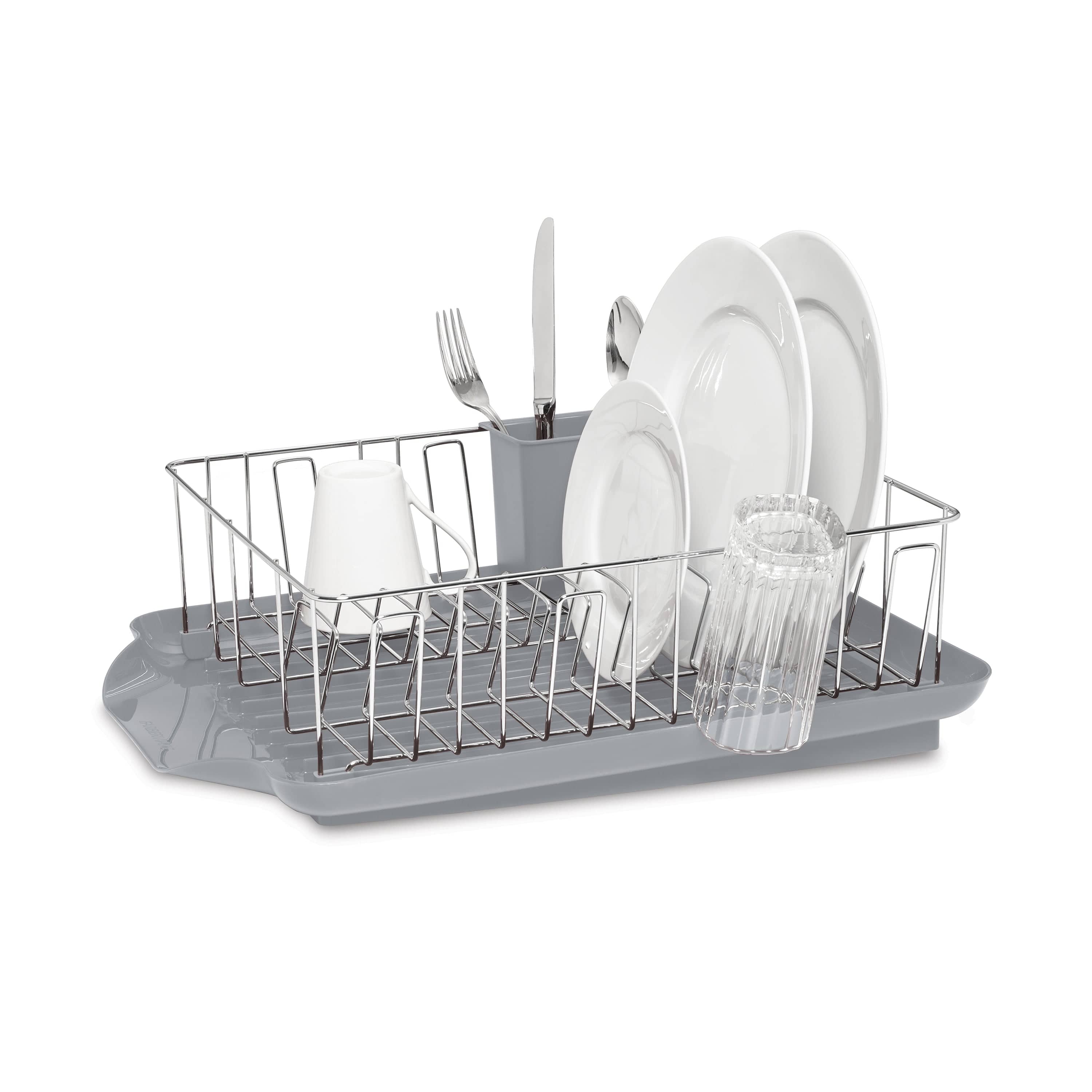 Farberware Classic Large Rust Resistant Full Dishrack with Removable 3 Compartment Flatware Caddy, Drain Board, 3-Piece, Gray