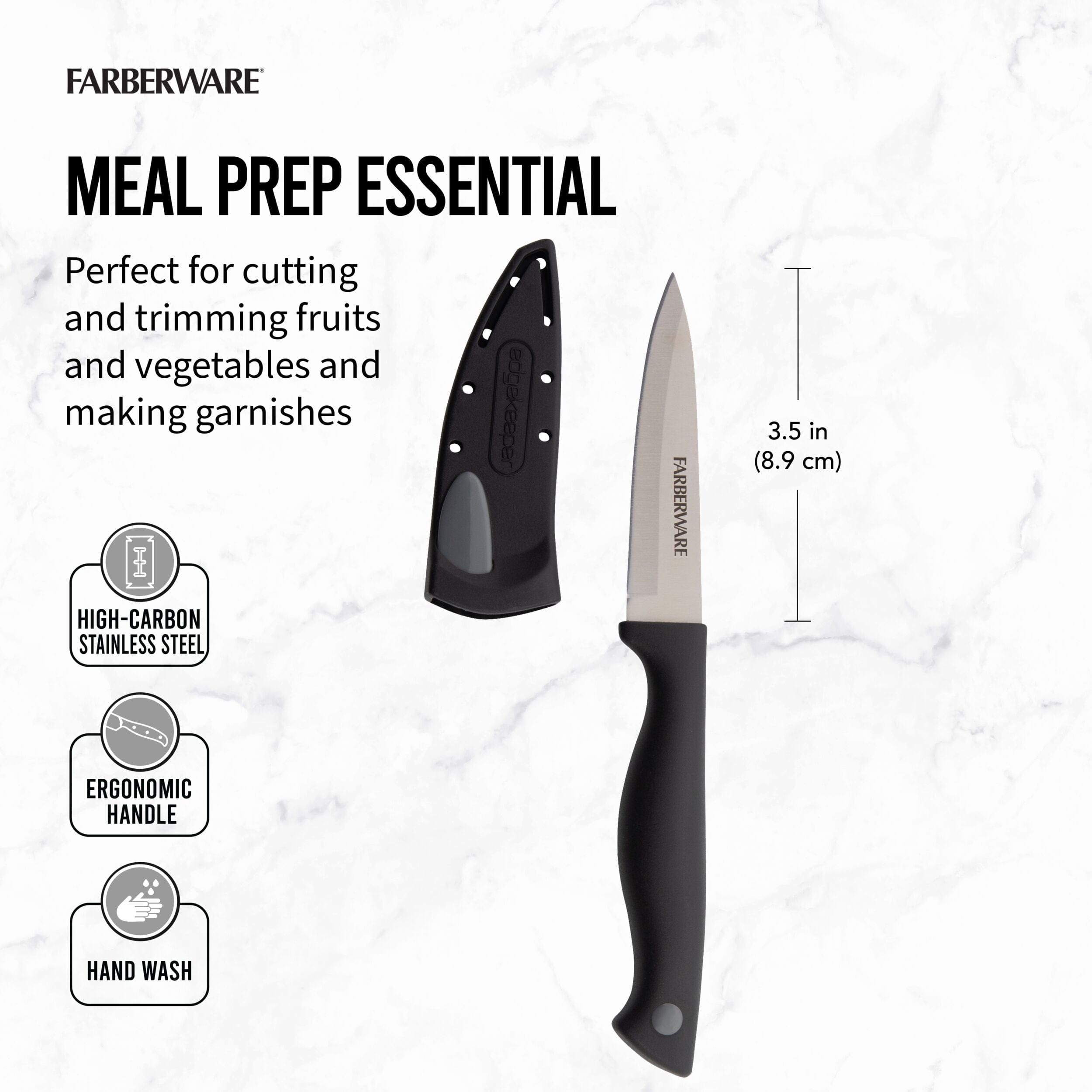 Farberware Edgekeeper 3.5-Inch Paring Knife with Self-Sharpening Blade Cover, High Carbon, Stainless Steel, Ergonomic Handle, Black