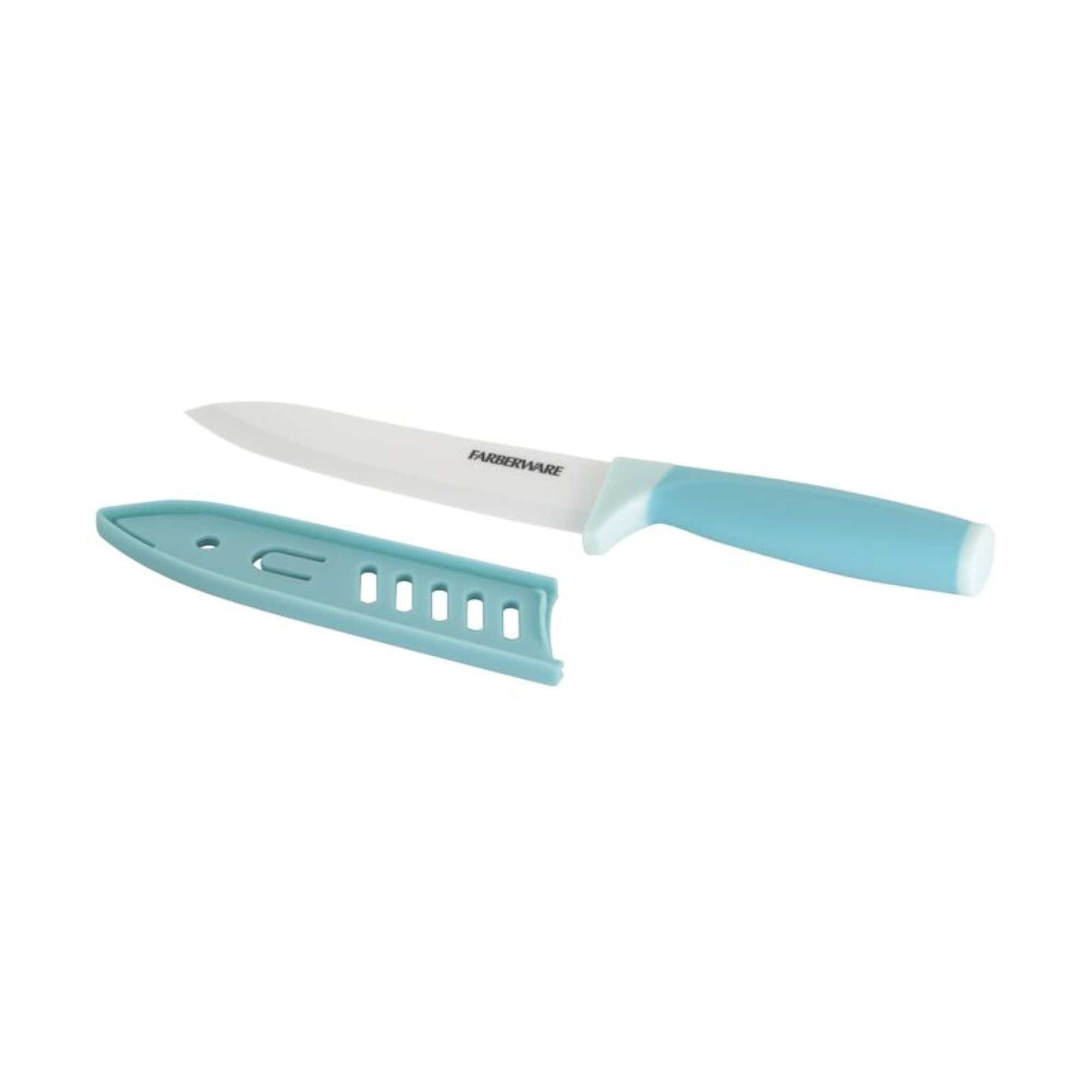 Farberware Ceramic Chef Knife with Custom-Fit Blade Cover, Razor-Sharp Kitchen Knife with Ergonomic, Soft-Grip Handle, Dishwasher-Safe, 6-inch, Aqua