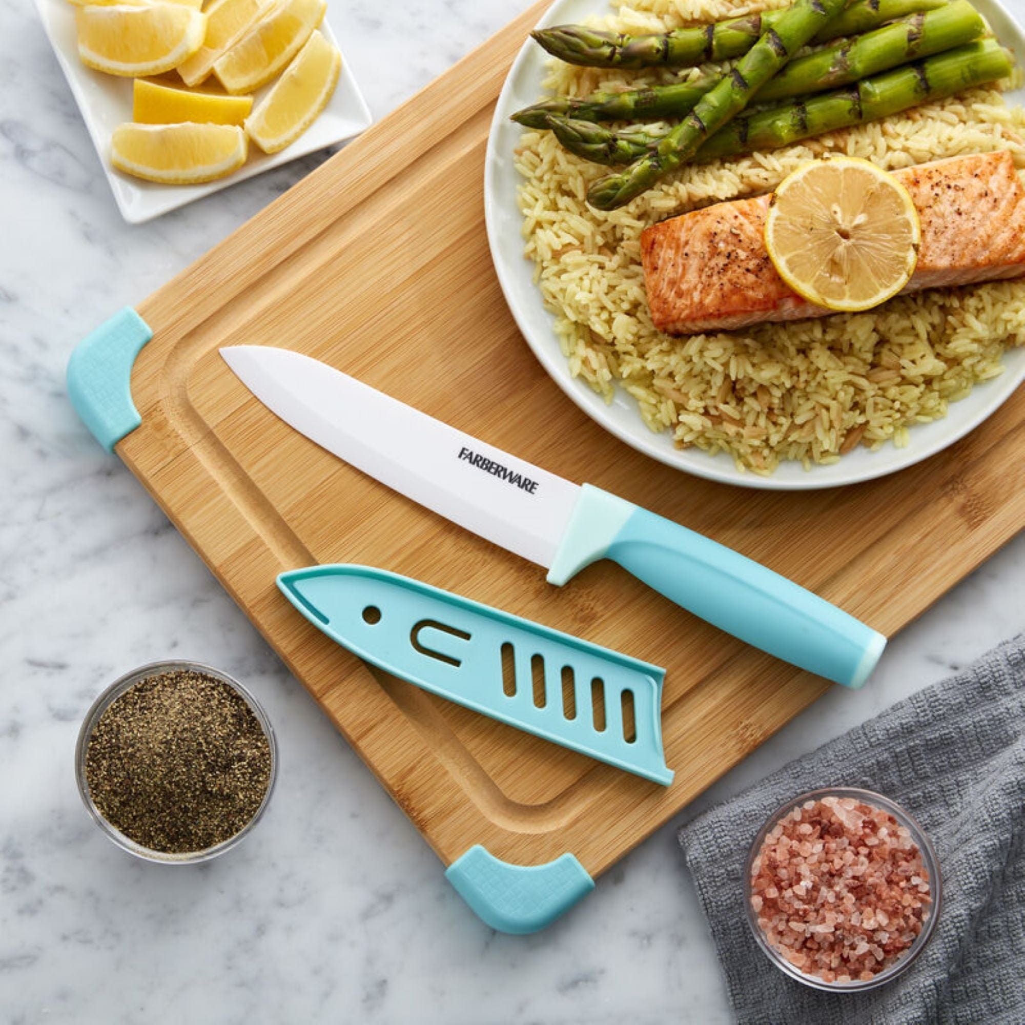 Farberware Ceramic Chef Knife with Custom-Fit Blade Cover, Razor-Sharp Kitchen Knife with Ergonomic, Soft-Grip Handle, Dishwasher-Safe, 6-inch, Aqua