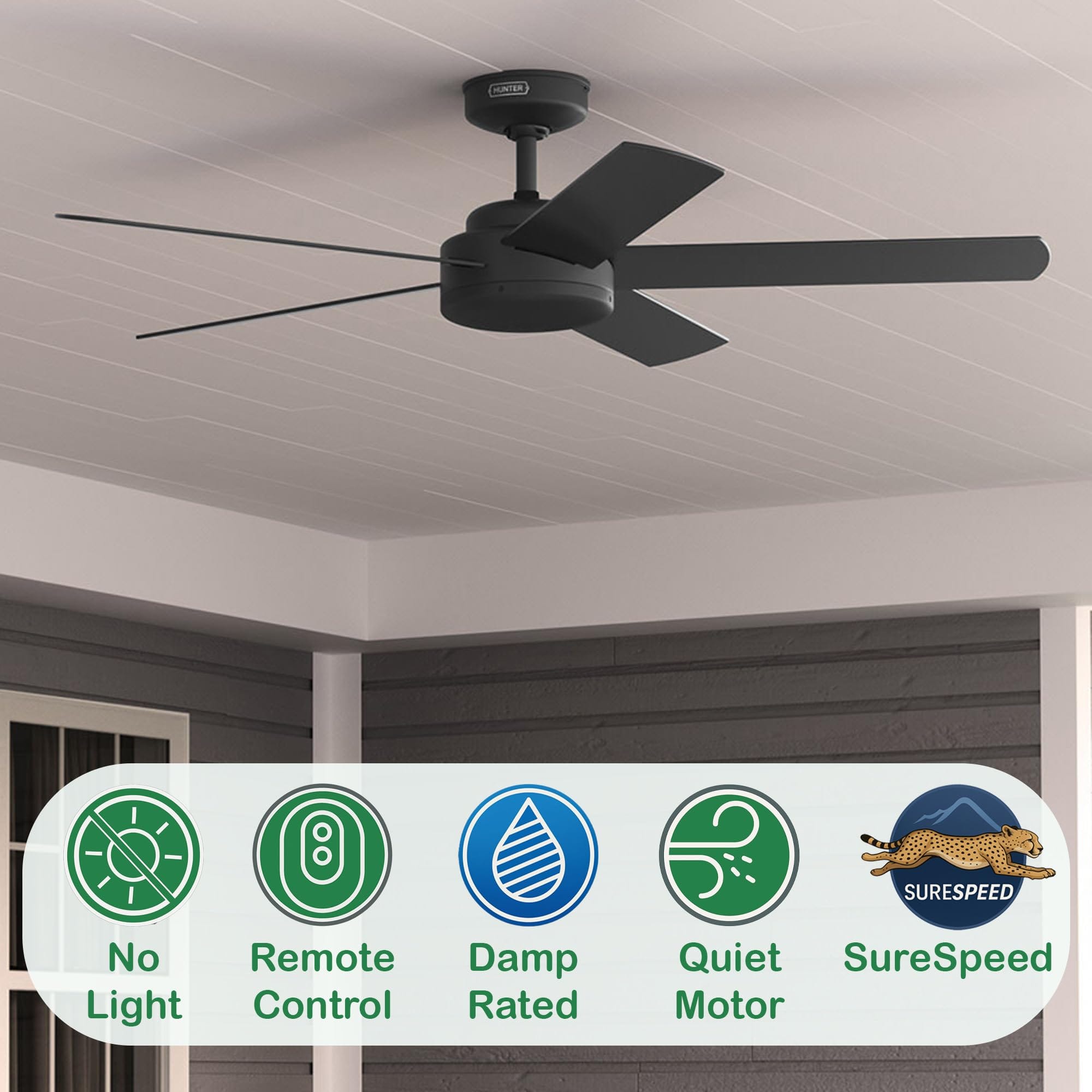 Hunter Fan 52 Inch Outdoor/Indoor Ceiling fan with Remote for Porch, Living Room, Office, Kitchen, Black - Certified Refurbished