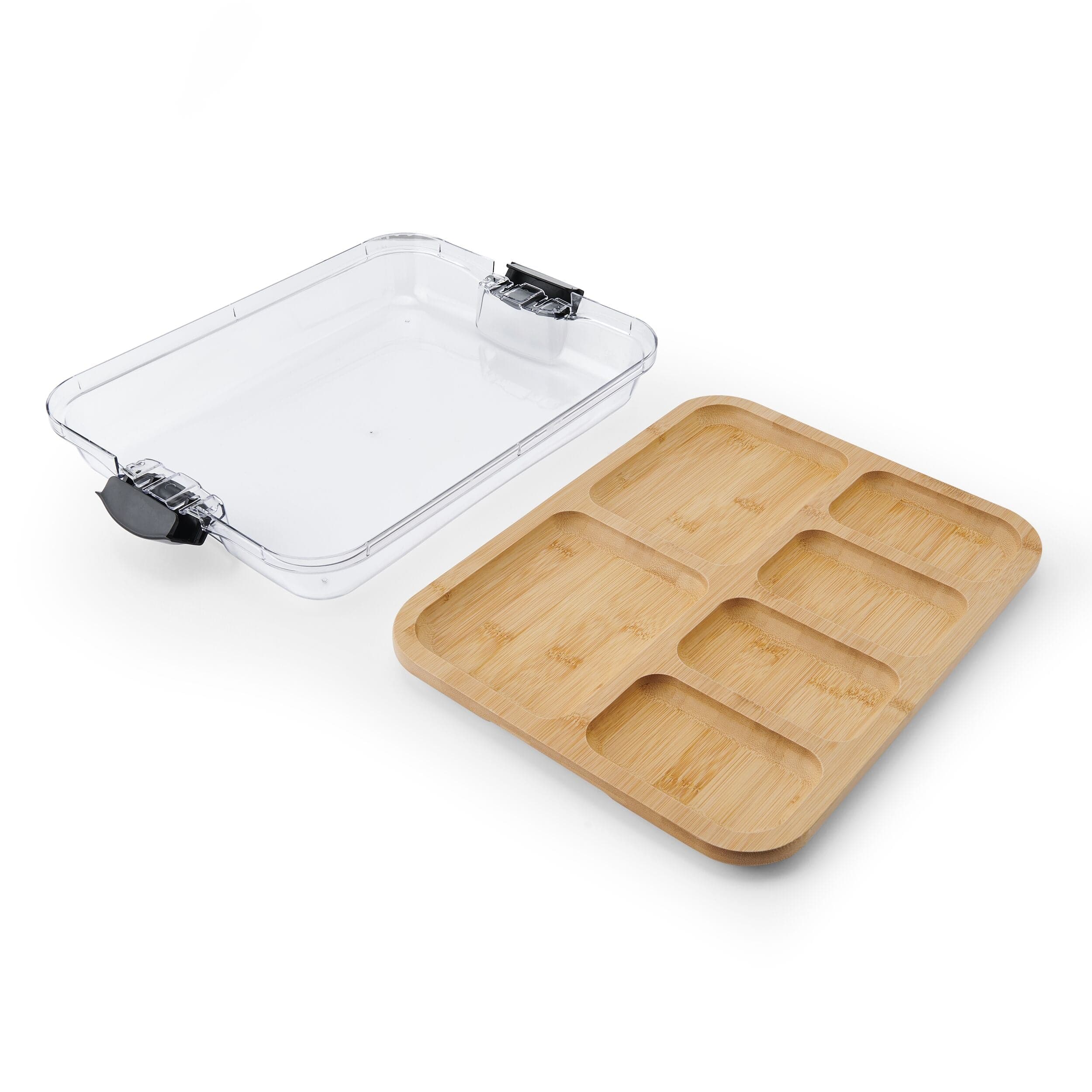 Farberware Build-a-Board Cutting Board with Compartments and Clear Locking Lid for Charcuterie, Snacks, and More-Make it. Take it. Enjoy it, 11x14 Inch, Bamboo