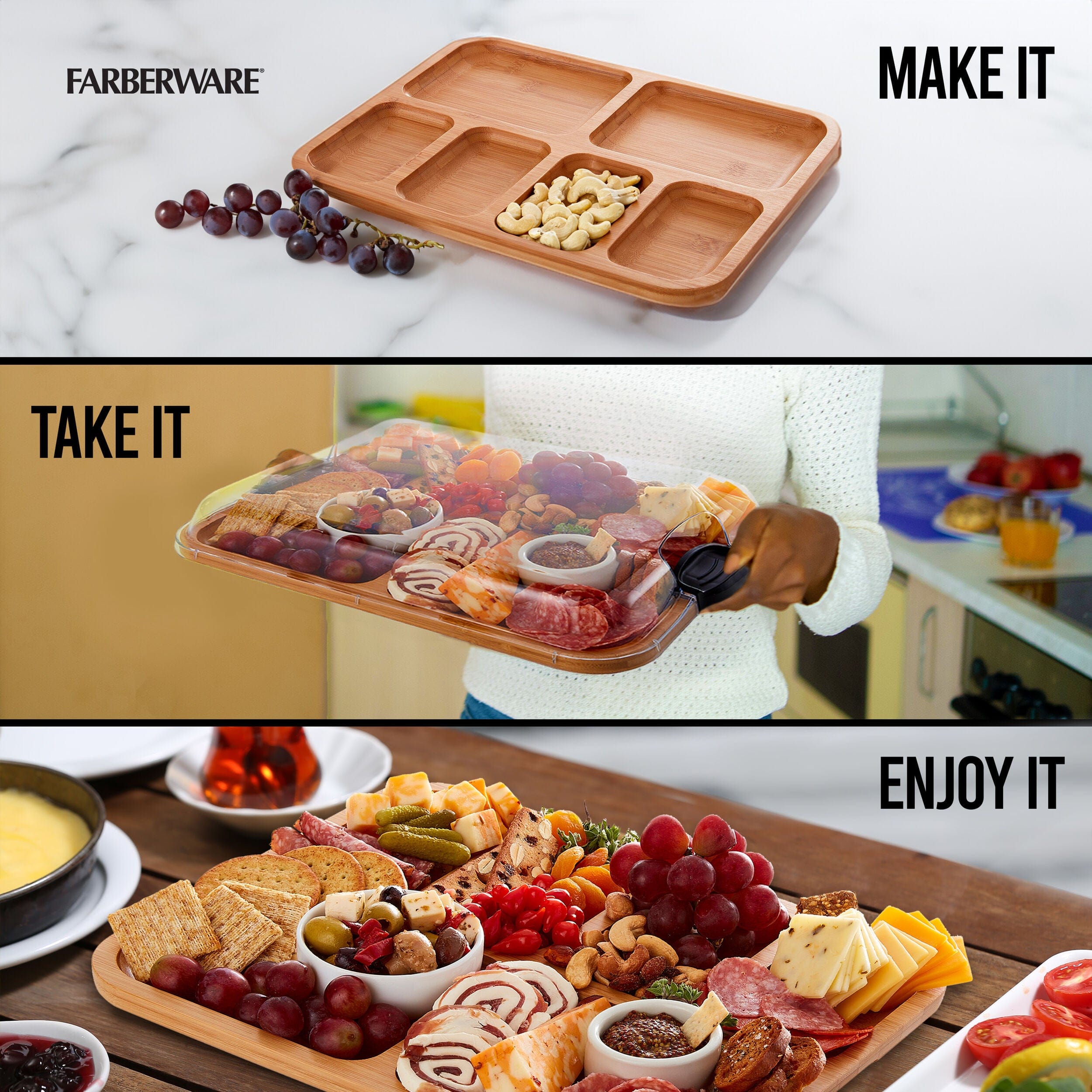 Farberware Build-a-Board Cutting Board with Compartments and Clear Locking Lid for Charcuterie, Snacks, and More-Make it. Take it. Enjoy it, 11x14 Inch, Bamboo