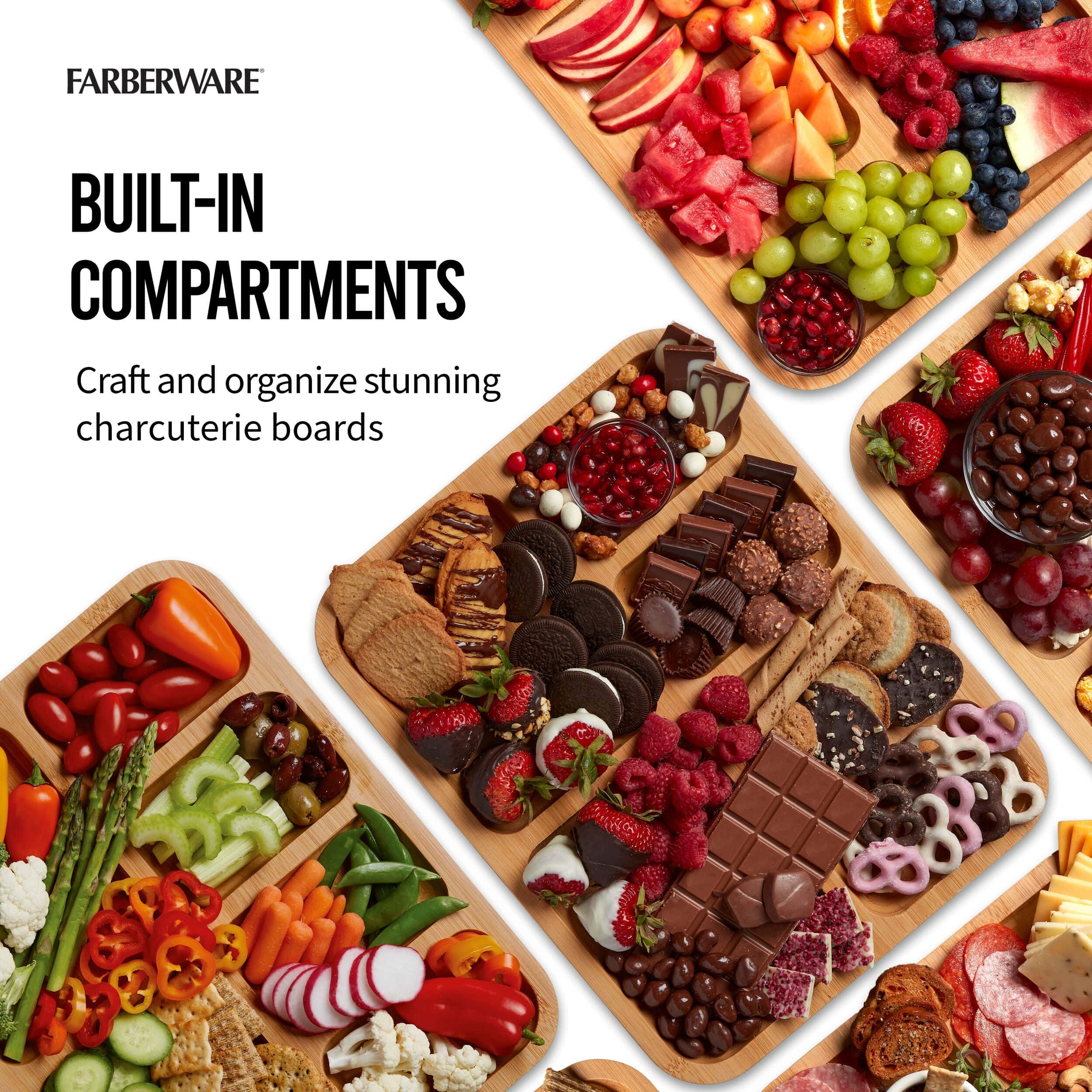 Farberware Build-a-Board Cutting Board with Compartments and Clear Locking Lid for Charcuterie, Snacks, and More-Make it. Take it. Enjoy it, 11x14 Inch, Bamboo