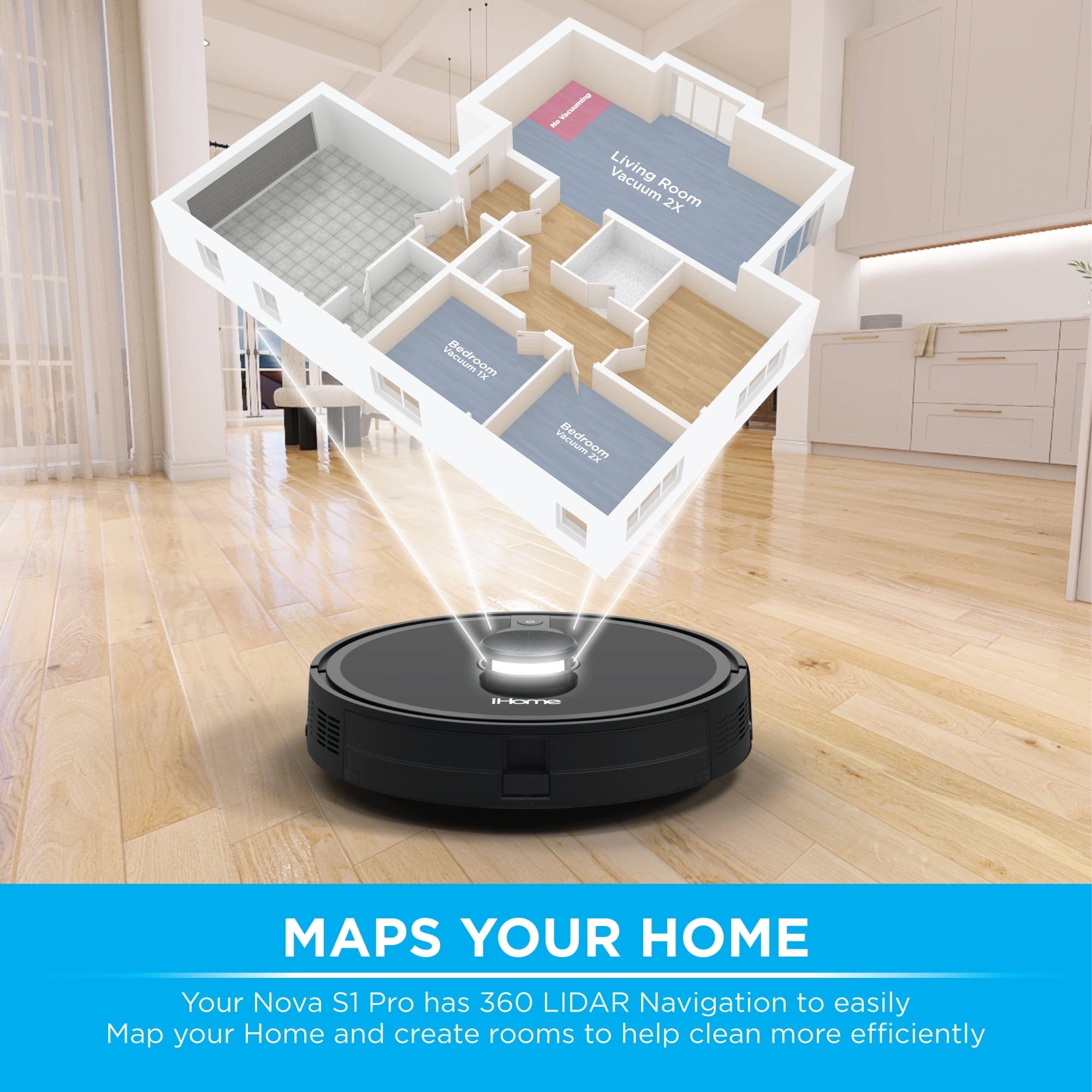 iHome AutoVac Nova S1 Pro Self Empty Robot Vacuum, LIDAR Mapping, 150 Min Runtime, Black