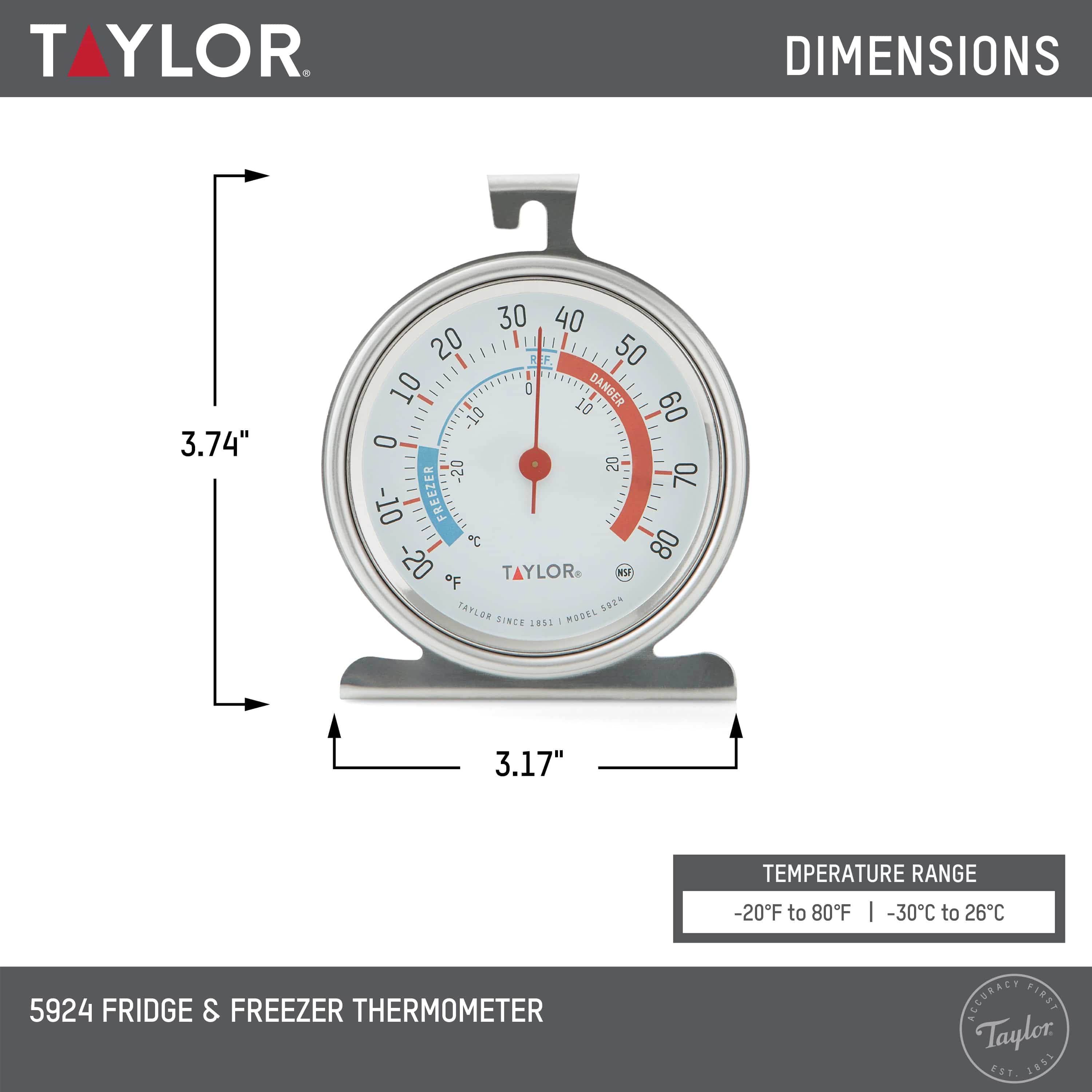 Taylor Large Dial Kitchen Refrigerator and Freezer Kitchen Thermometer, 3 Inch Dial,Silver