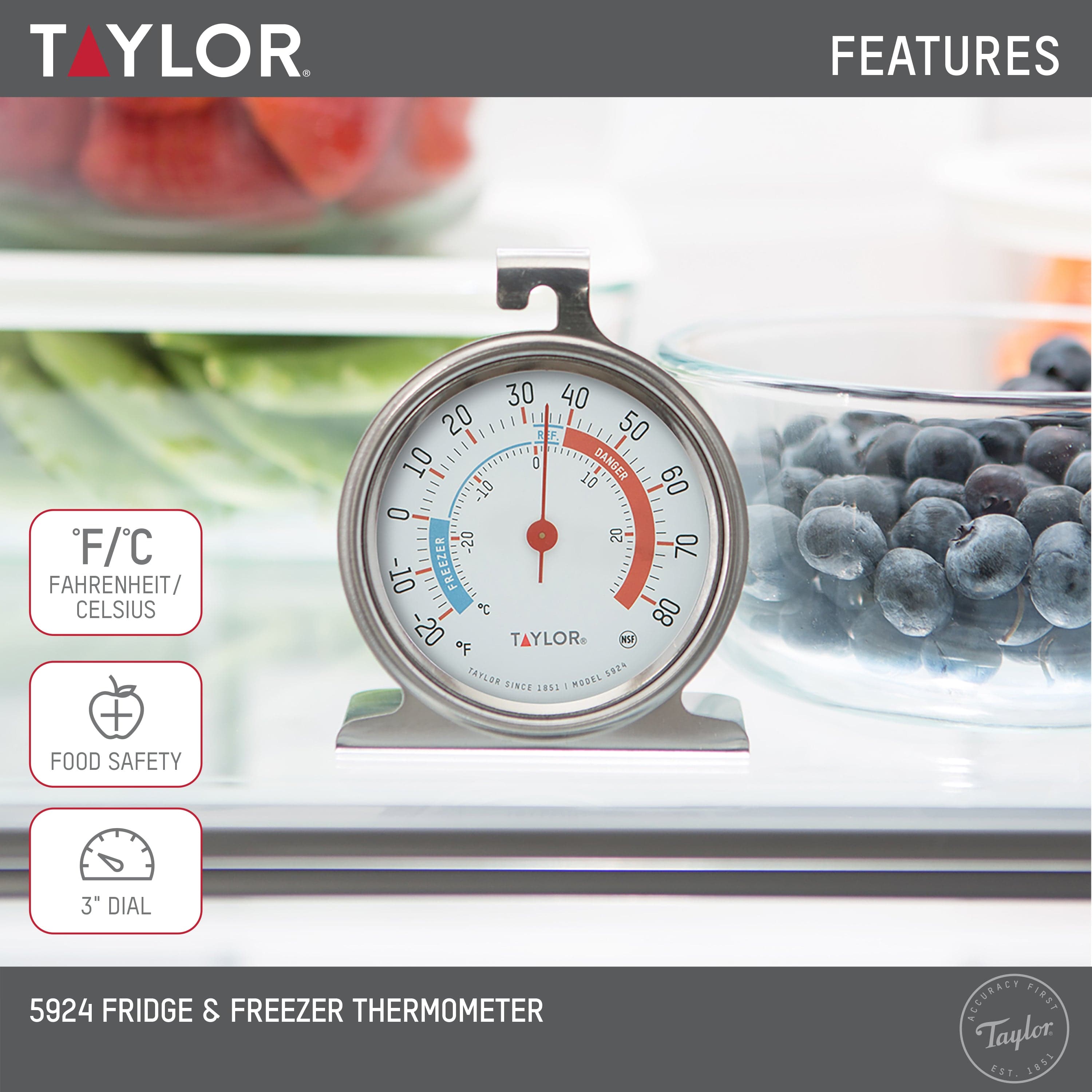 Taylor Large Dial Kitchen Refrigerator and Freezer Kitchen Thermometer, 3 Inch Dial,Silver