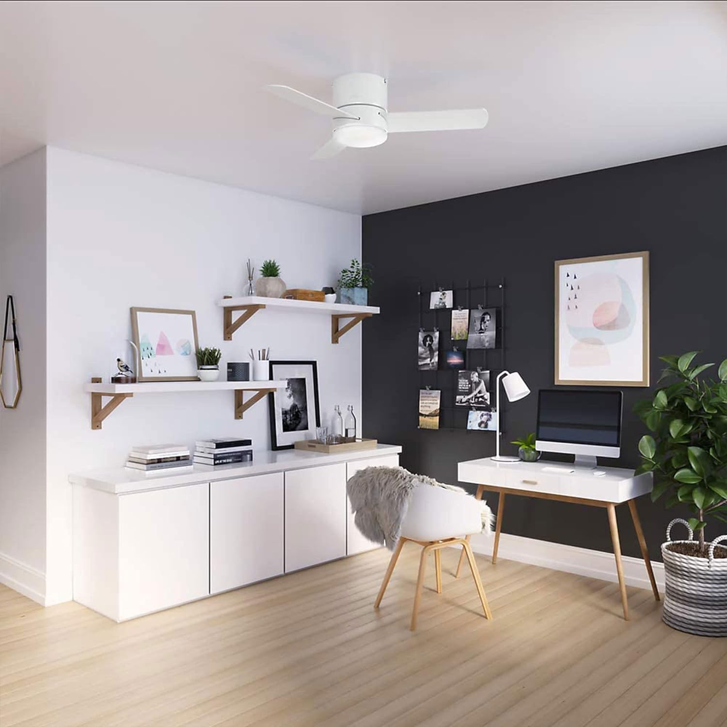 Hunter Fans 44" Low Profile Ultra Quiet Minimus Ceiling Fan with LED Light + Remote, Fresh White