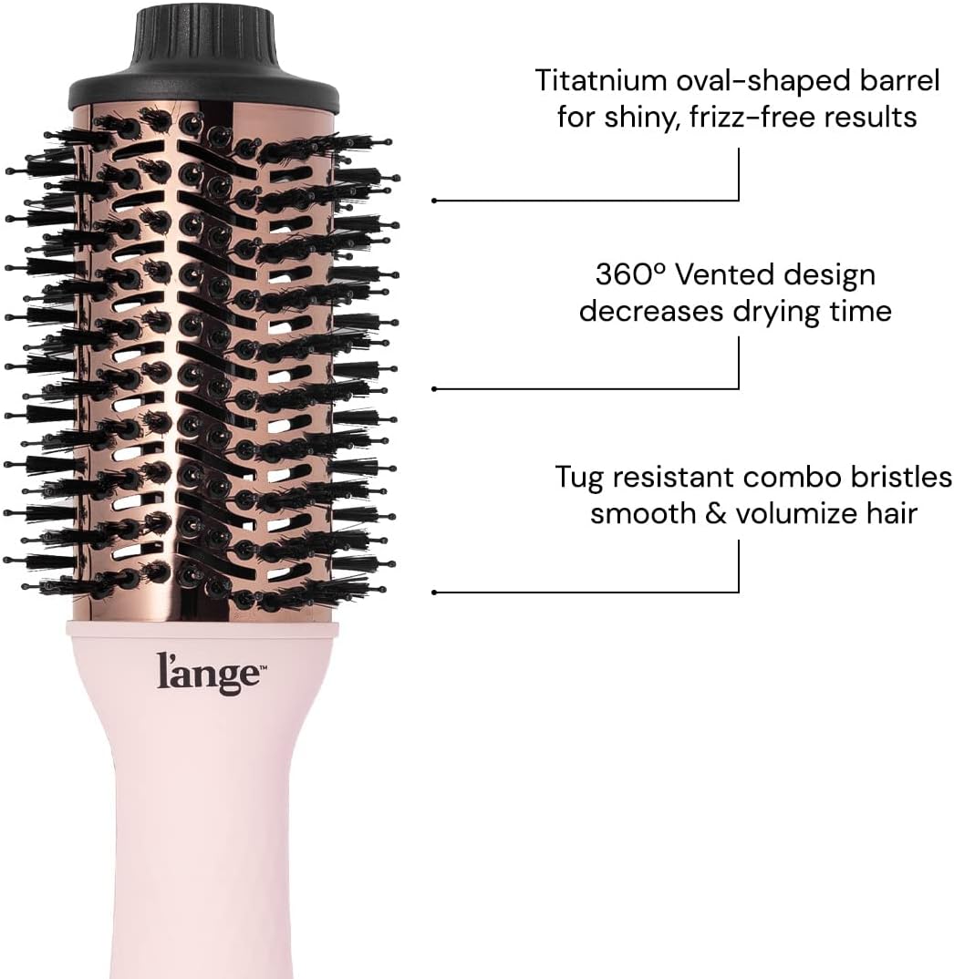 L'ange Hair Le Volume 2-in-1 Titanium Blow Dryer Brush, 60mm Oval Barrel, for Smooth, Frizz-Free Styling on All Hair Types, Blush