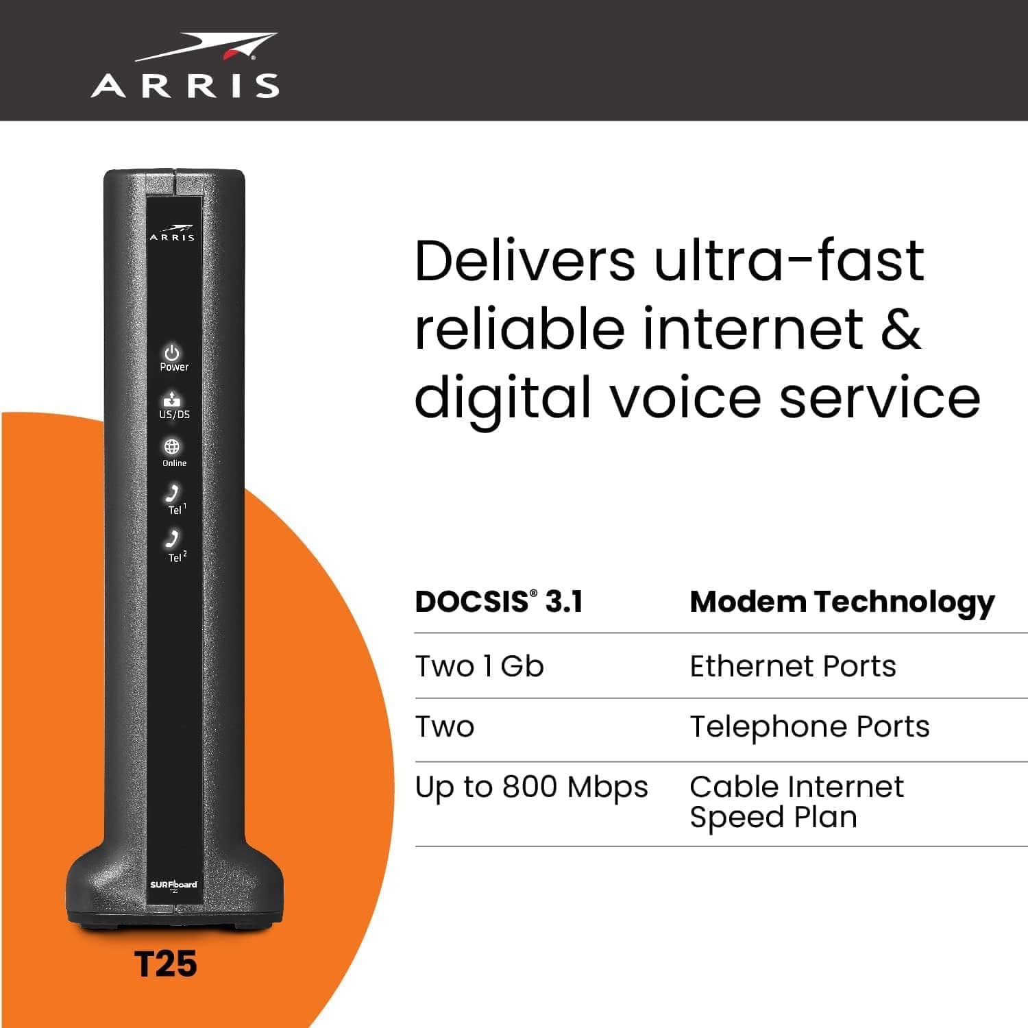 Arris T25 SURFboard Cable Modem DOCSIS 3.1 Gigabit Internet & Voice 800 Mbps Max Speed - Certified Refurbished