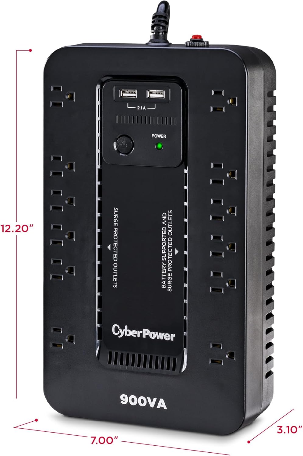 CyberPower Standby UPS Battery Backup and Surge Protector, 900VA/500W, 12 Outlets, 2 USB Charging Ports, Compact - Certified Refurbished