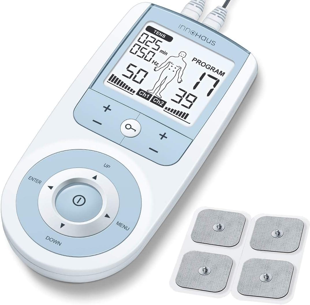 Innohaus TENS Unit Muscle Stimulator with 50 Intensity Levels for Pain Relief and Muscle Recovery, White - Refurbished