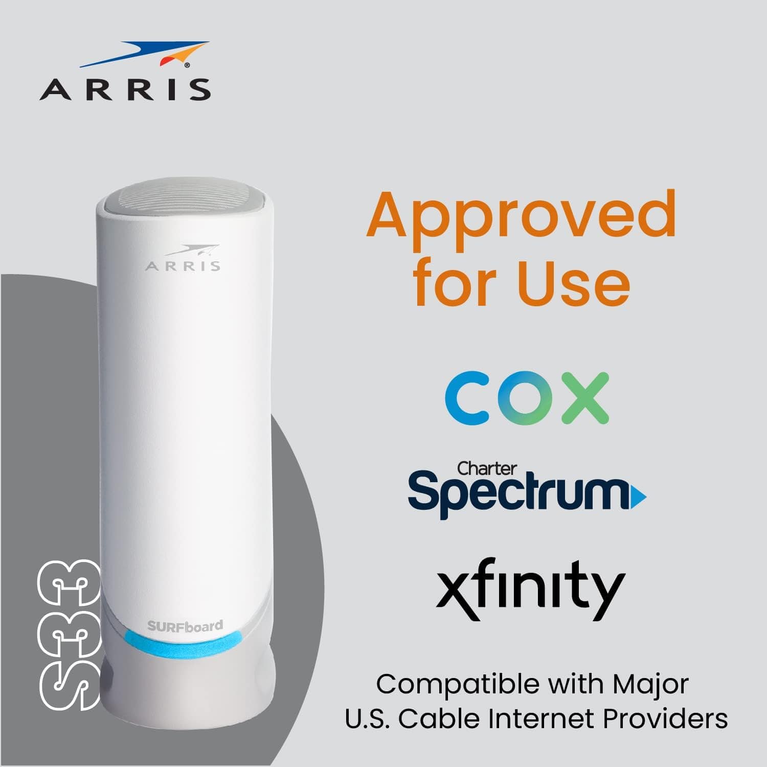 Arris S33 SURFboard Cable Modem DOCSIS 3.1 Multi-Gigabit WiFi Max Internet Speed 2.5 Gbps - Certified Refurbished