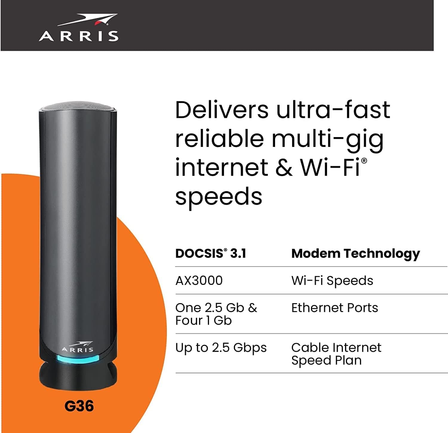 Arris G36 SURFboard Cable Modem Router Combo DOCSIS 3.1 Multi-Gigabit WiFi 6 AX3000 - Certified Refurbished