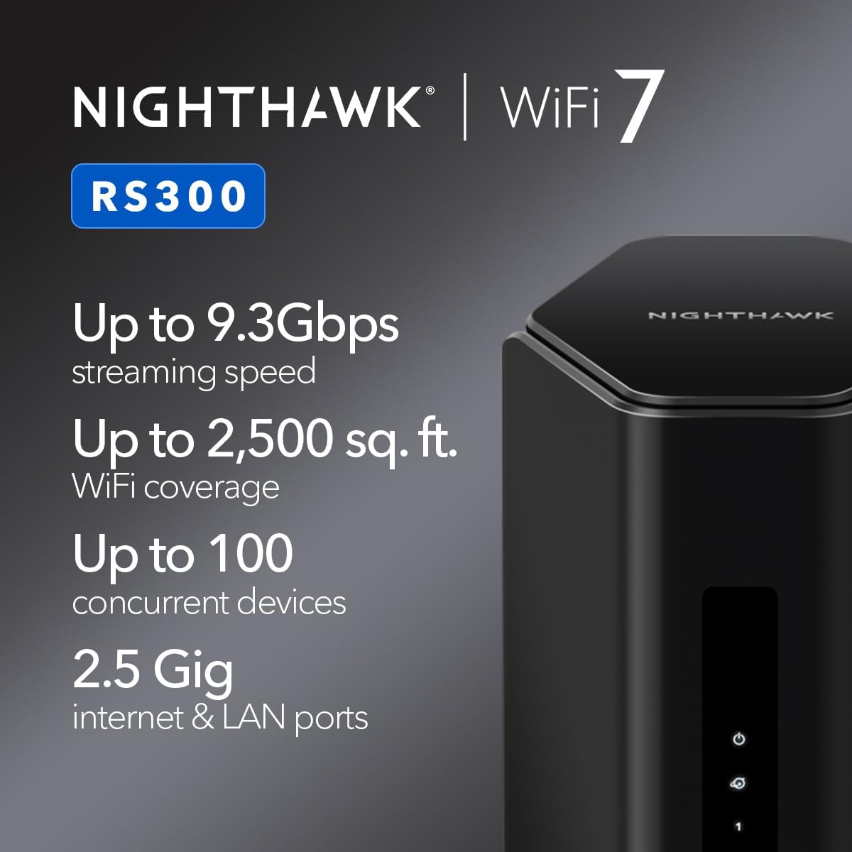 Netgear Nighthawk RS300 Tri-Band WiFi 7 Router, Wireless Speed Up to 9.3 Gbps, Covers Up to 2500 Sq. Ft., Black - Certified Refurbished