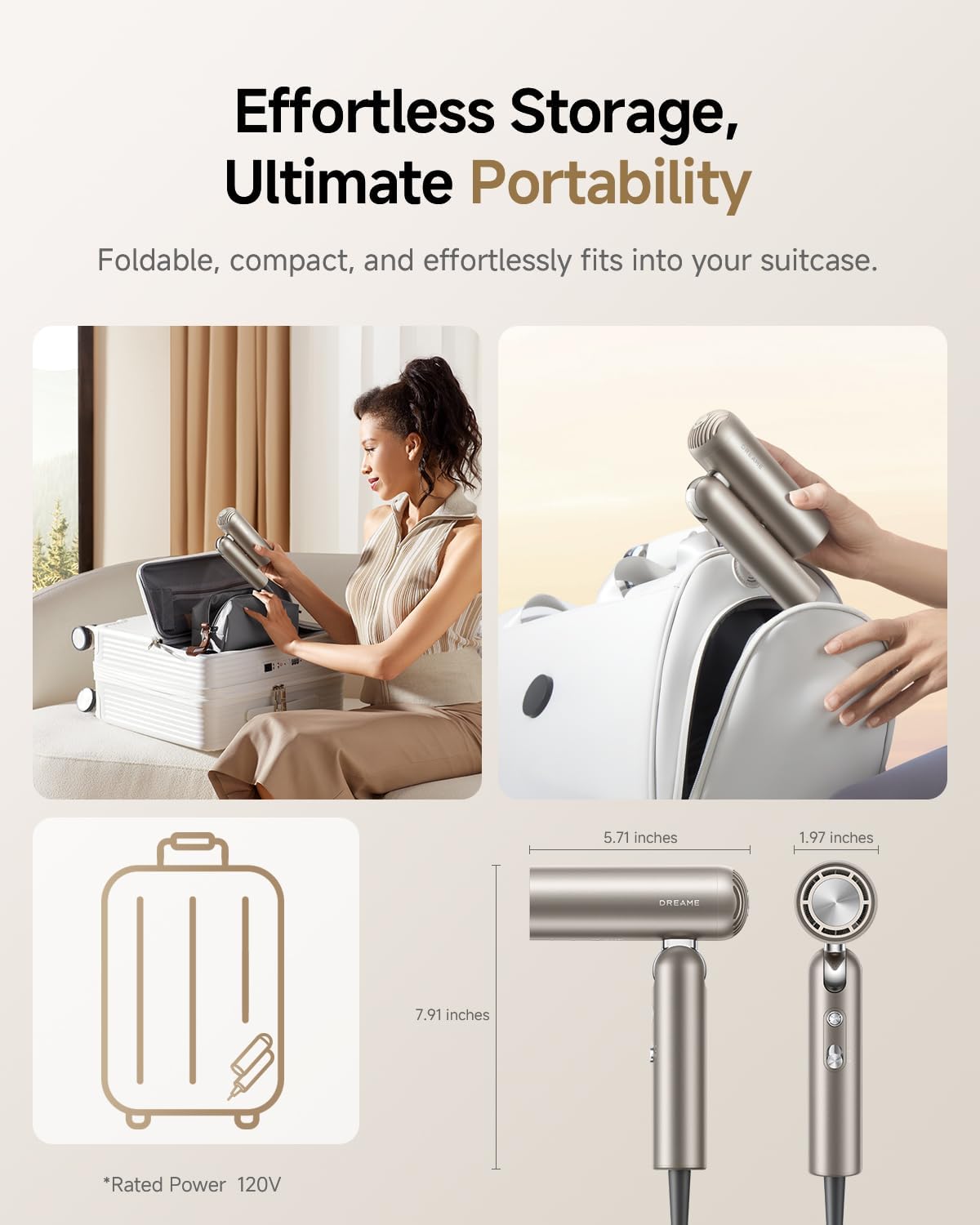 Dreame Pocket Pure High-Speed Hair Dryer, Lightweight Foldable Blow Dryer, 110000 RPM Motor, Ionic Care, 5 Modes, Travel Bag, Quiet Fast Drying