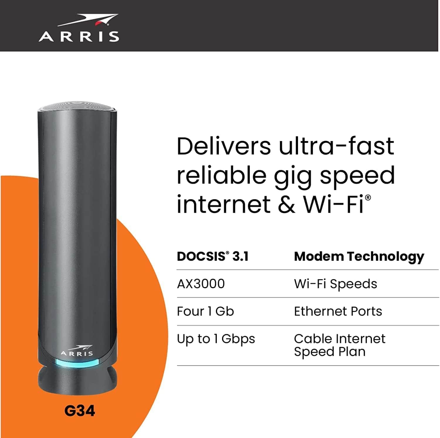 Arris G34 SURFboard Cable Modem Router Combo DOCSIS 3.1 Gigabit WiFi 6 AX3000 1 Gbps - Certified Refurbished