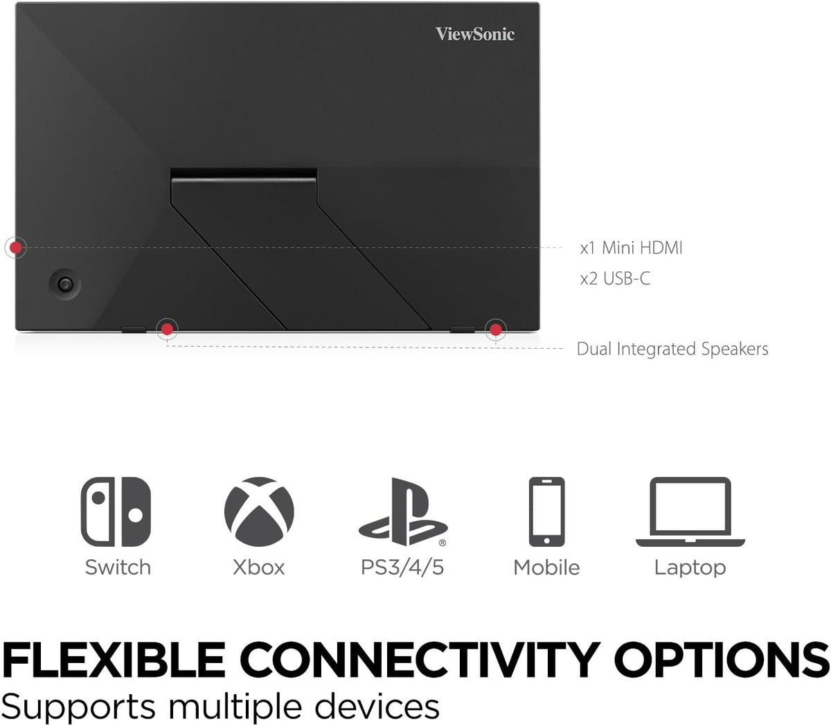 ViewSonic VA1653 16 Inch 1080p FHD IPS Portable Monitor with Eye Care, Built-in Stand, USB C, Mini HDMI, Black - Certified Refurbished