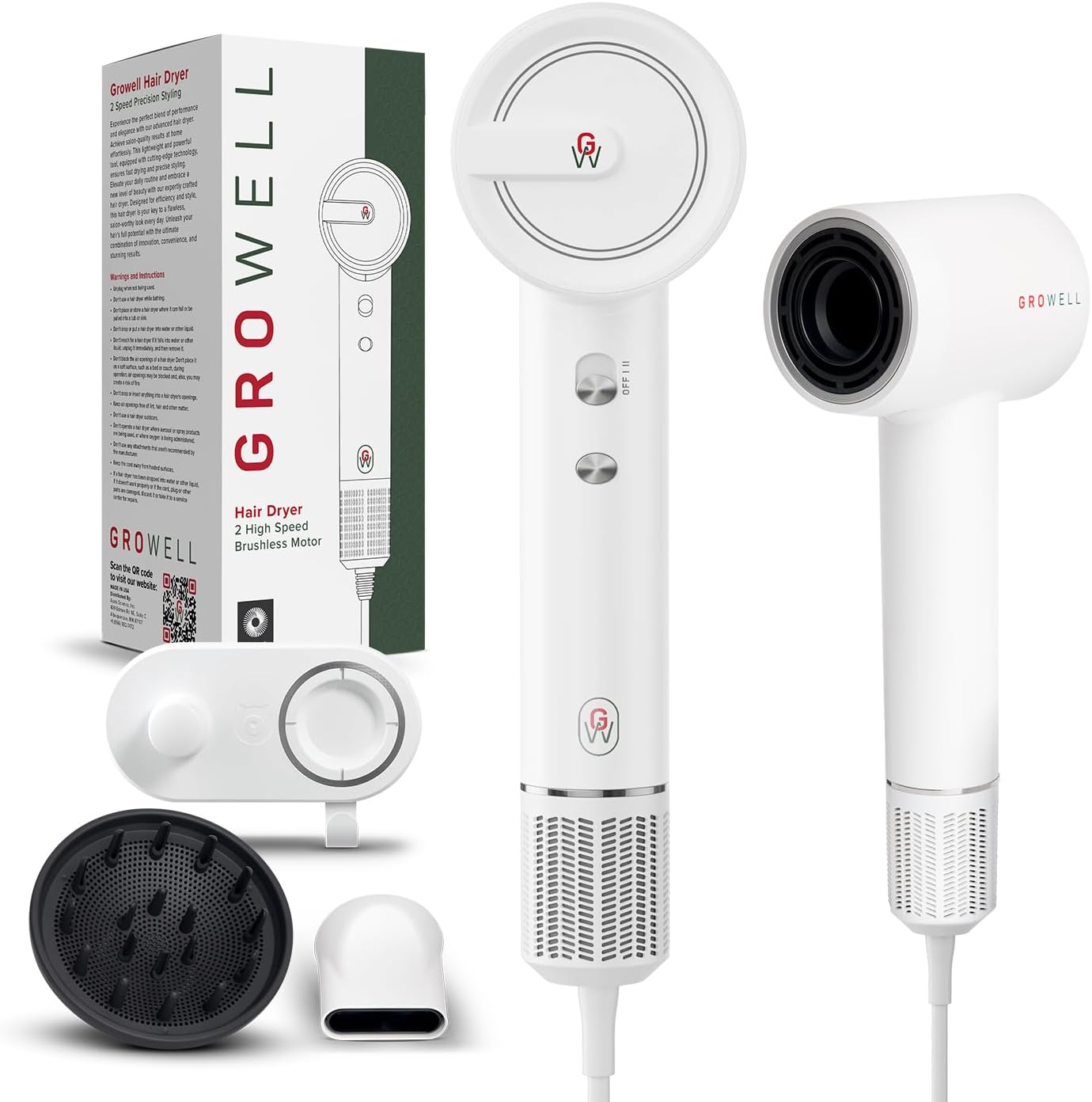 GroWell High-Speed Hair Dryer, Fast Drying, Low Noise, Lightweight, Compact Hair-Dryer with Diffuser for Curly Hair, White