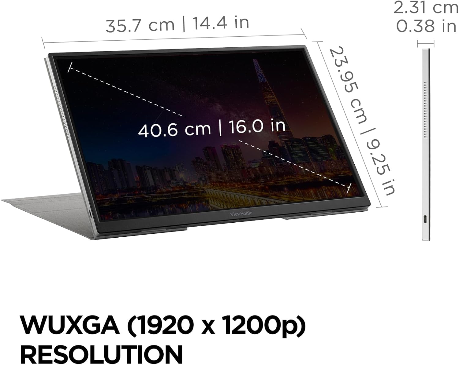 ViewSonic 16" 1200p IPS Wireless Portable Monitor with 2 Way Powered 60W USB C, 60 Hz, Black - Certified Refurbished