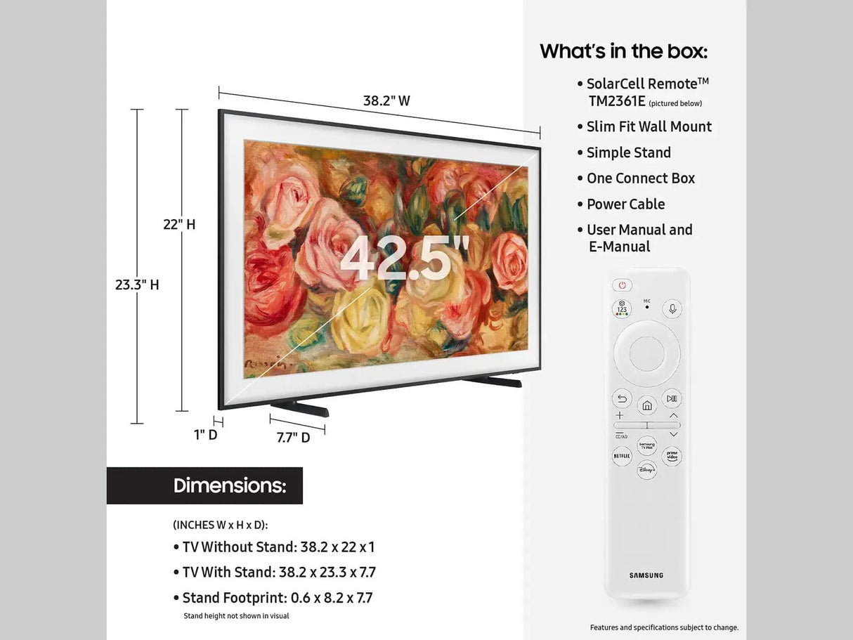 Samsung 43" The Frame LS03D Series 4K QLED Smart TV, Digital Frame, Art Mode, Anti Reflection, with Wall Mount - Open Box