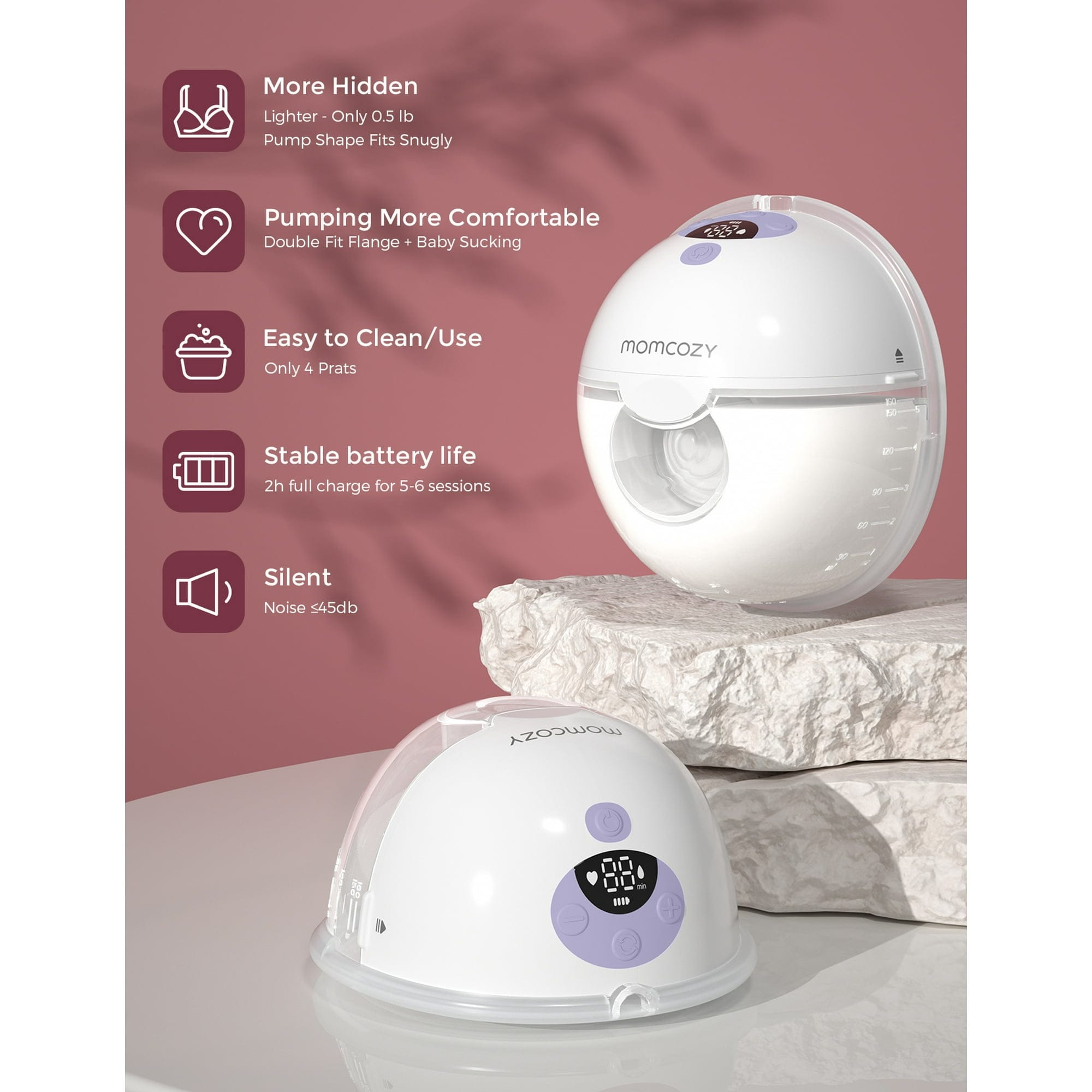 Momcozy M5 Wearable Hands-Free Breast Pump, Soft Double-Sealed Flange 24mm, 3 Modes & 9 Levels Electric Pump, 2 Pack, Purple