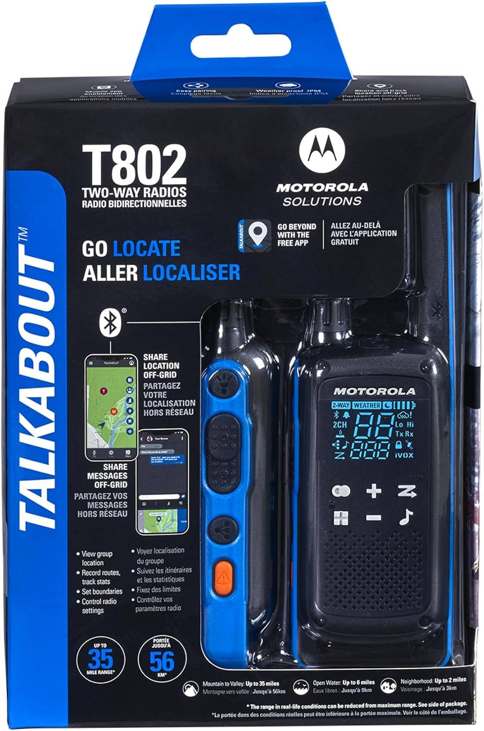Motorola Solutions Rechargeable 35-Mile Two-Way Radio, Black/Blue