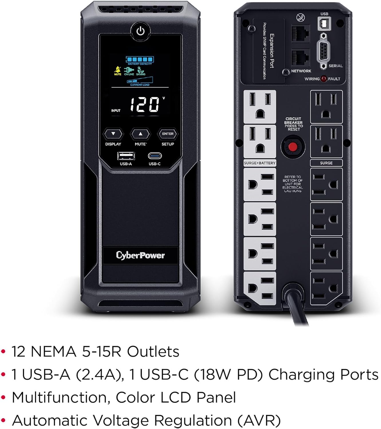 CyberPower Intelligent LCD UPS Battery Backup and Surge Protector, 1500VA/900W, 12 Outlets 2 USB Ports, AVR - Certified Refurbished