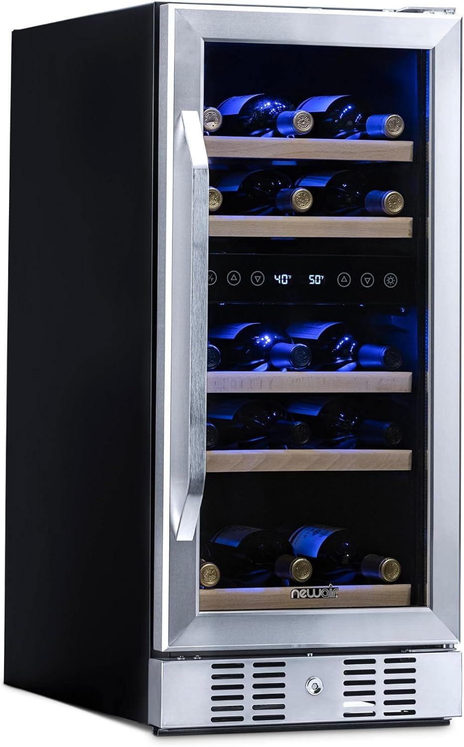 Newair 15" Dual Zone Wine Fridge with Beech Wood Shelves, 29 Bottles, Stainless Steel - Certified Refurbished