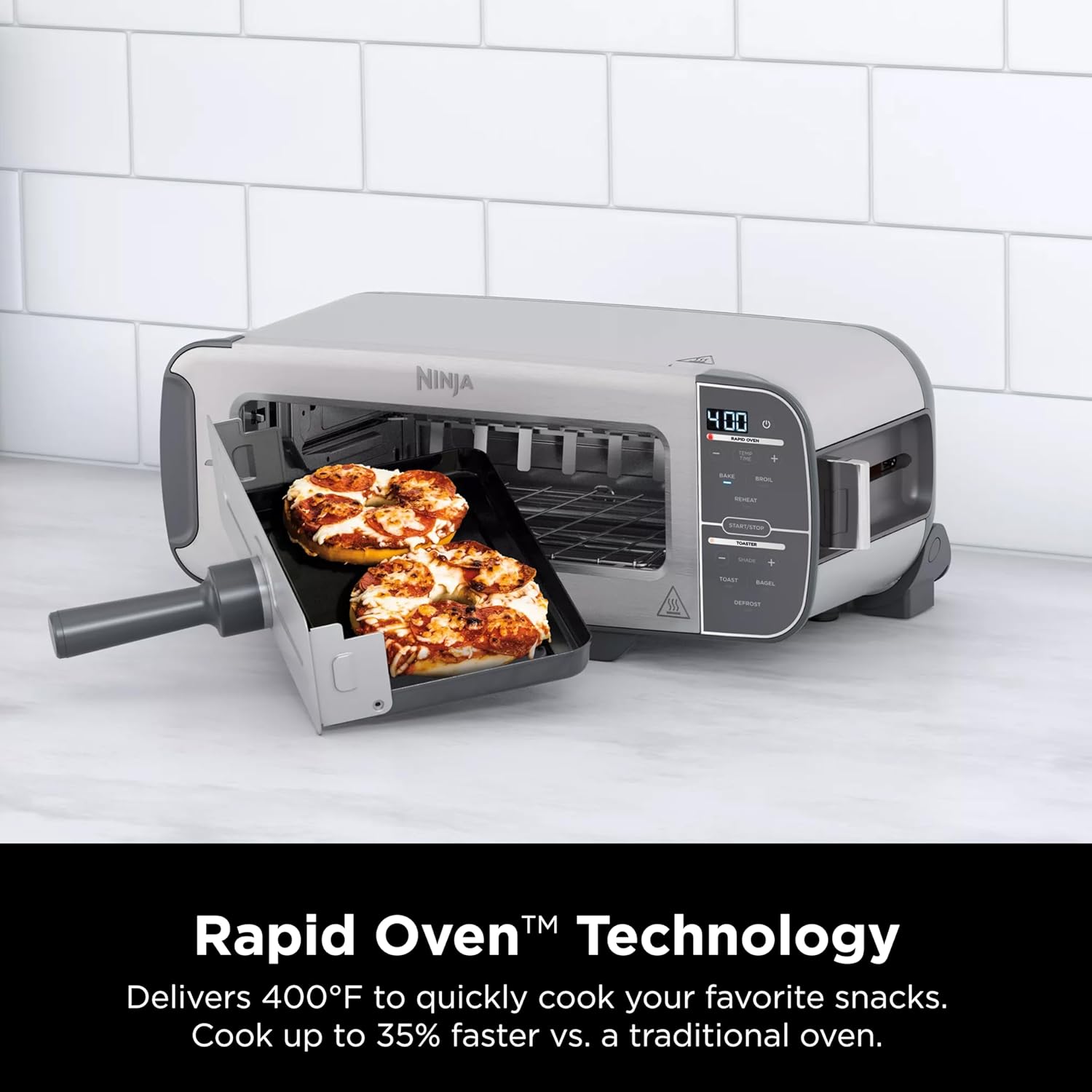 Ninja ST101 Foodi 2-in-1 Flip Toaster, 2-Slice Capacity, Compact Toaster Oven, Snack Maker, Reheat, Defrost, 1500 Watts, 6 Functions, Stainless Steel