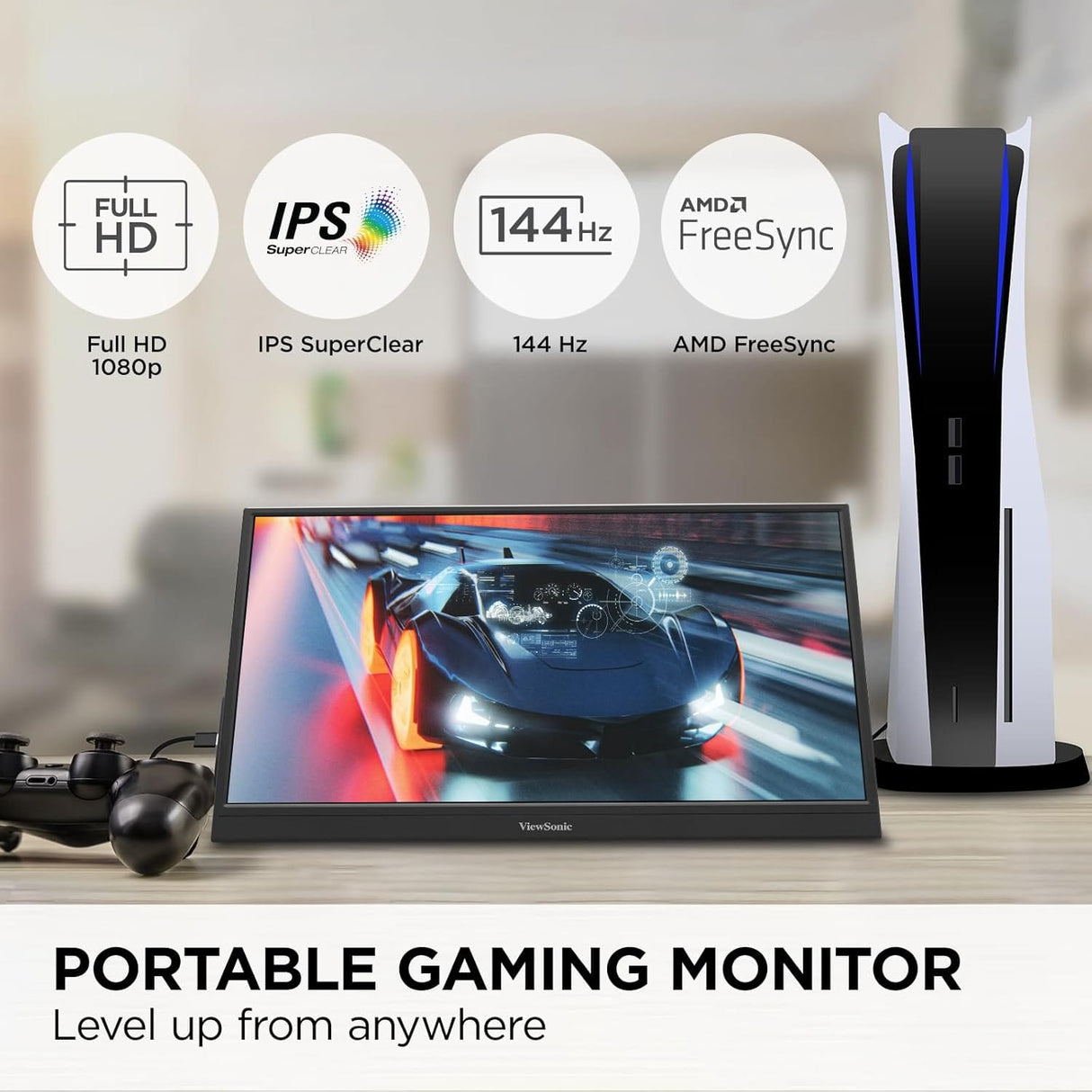 ViewSonic 16" 1080p IPS Portable Gaming Monitor, 144Hz, USB C, Mini HDMI, Black - Certified Refurbished