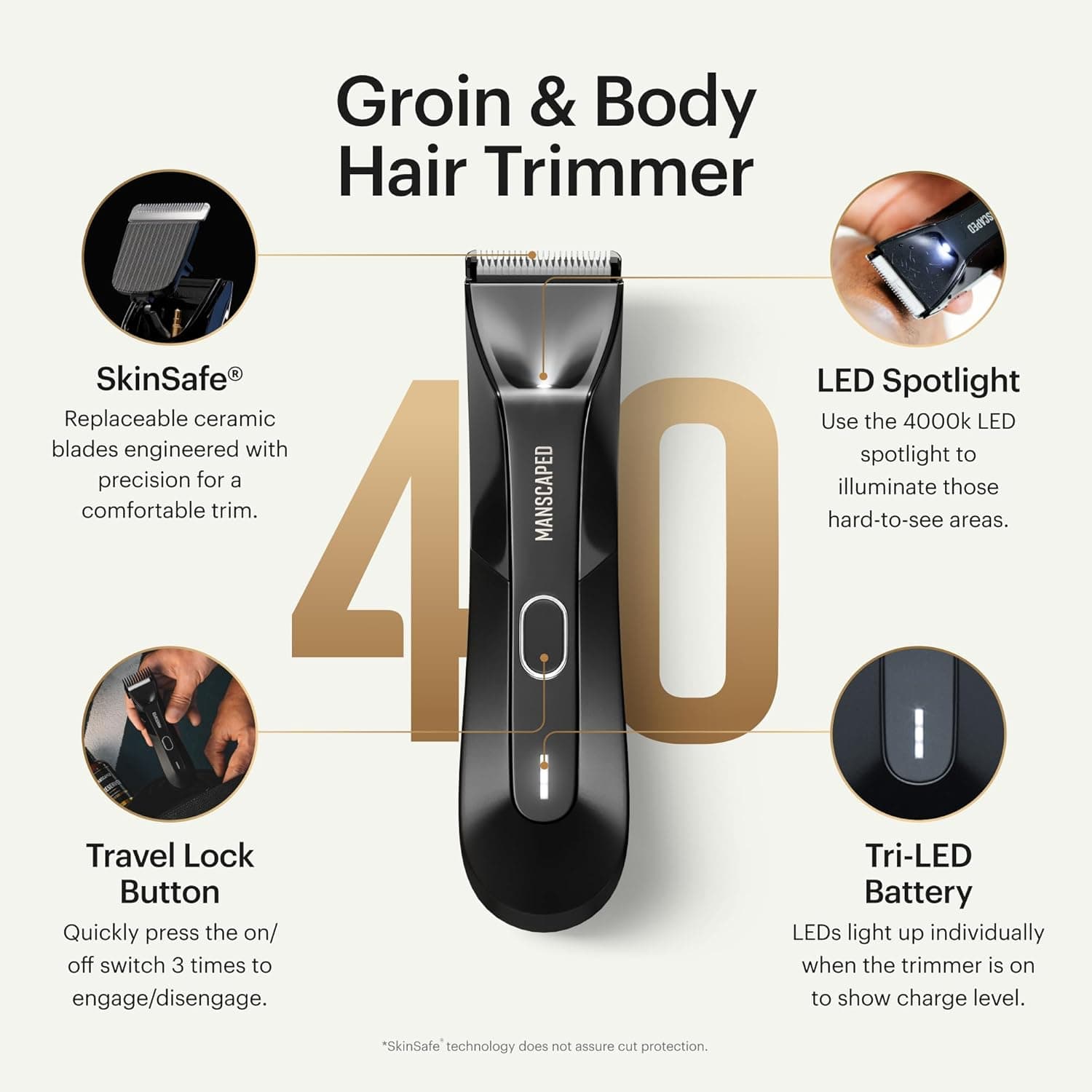 MANSCAPED The Lawn Mower 4.0 Electric Groin Hair Trimmer, Replaceable SkinSafe Ceramic Blades, Waterproof, Rechargeable